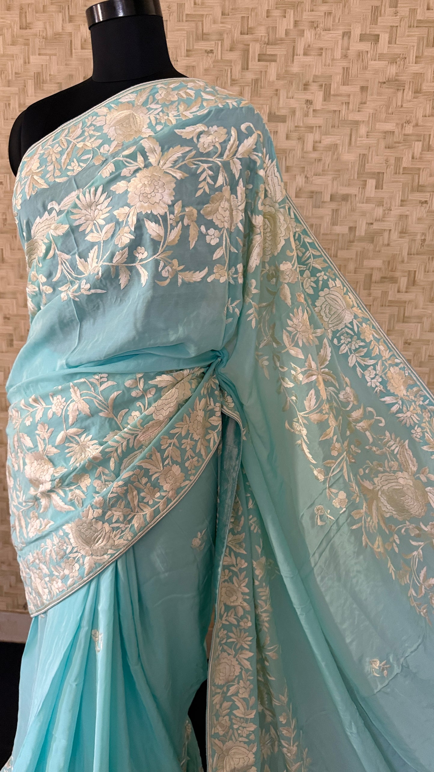 Aqua Green Crepe Silk Parsi Gara Saree