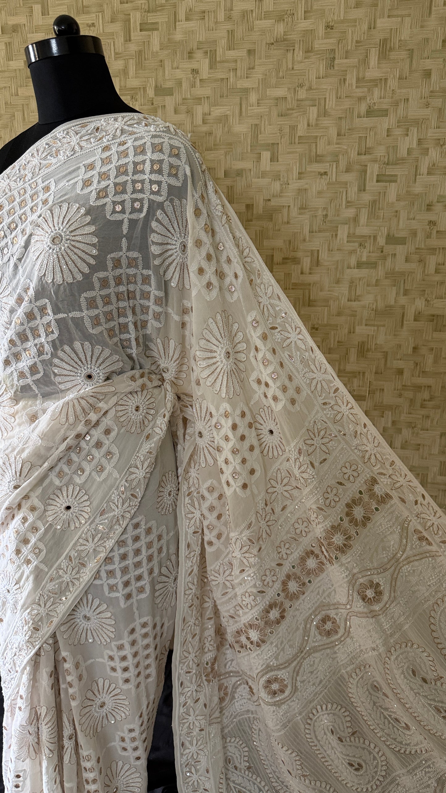 Ivory White Pearl Gota Patti Chikankari Saree