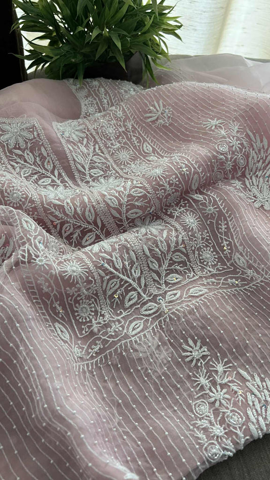 Pastel Pink Organza Chikankari Pearl Suit