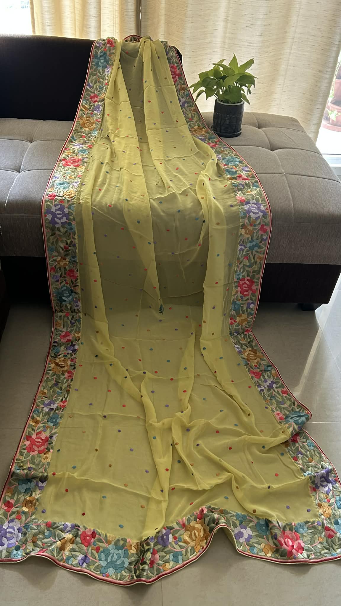 Artisanal Lemon Yellow Parsi Gara Dupatta