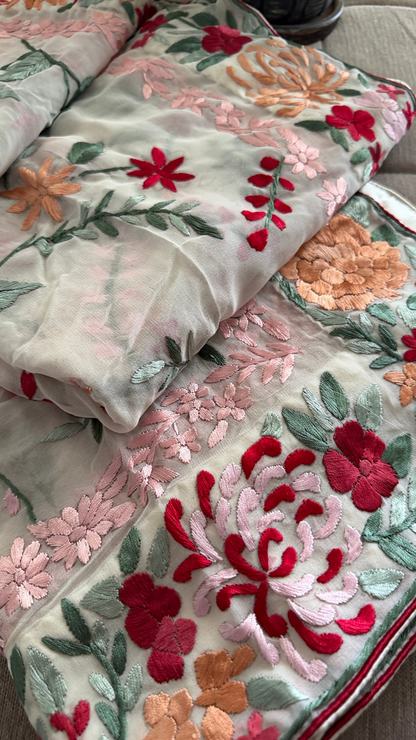 Heirloom Ivory Floral Parsi Gara Dupatta