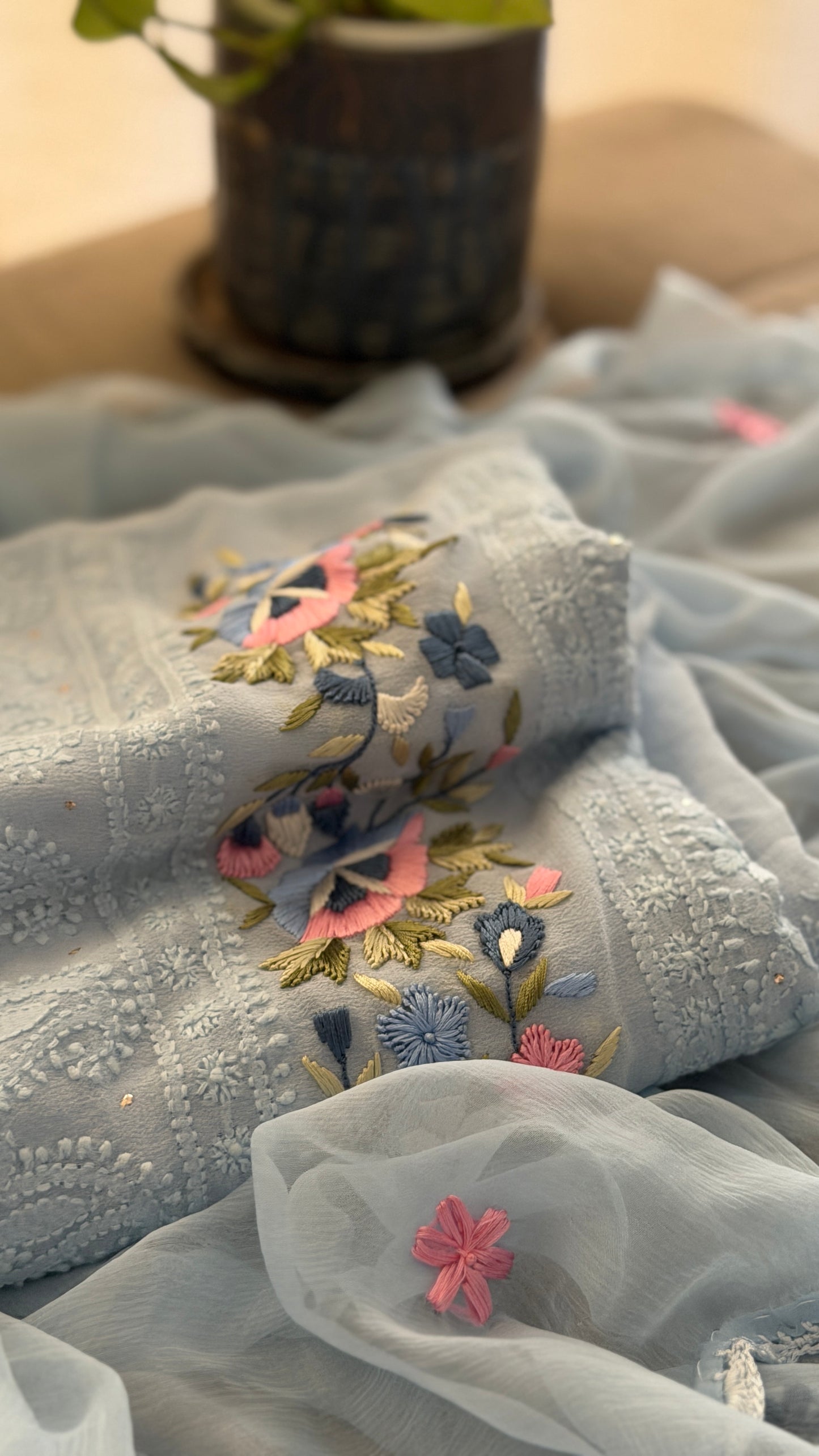 Powder Blue Chikankari Parsi Gara Daman Suit