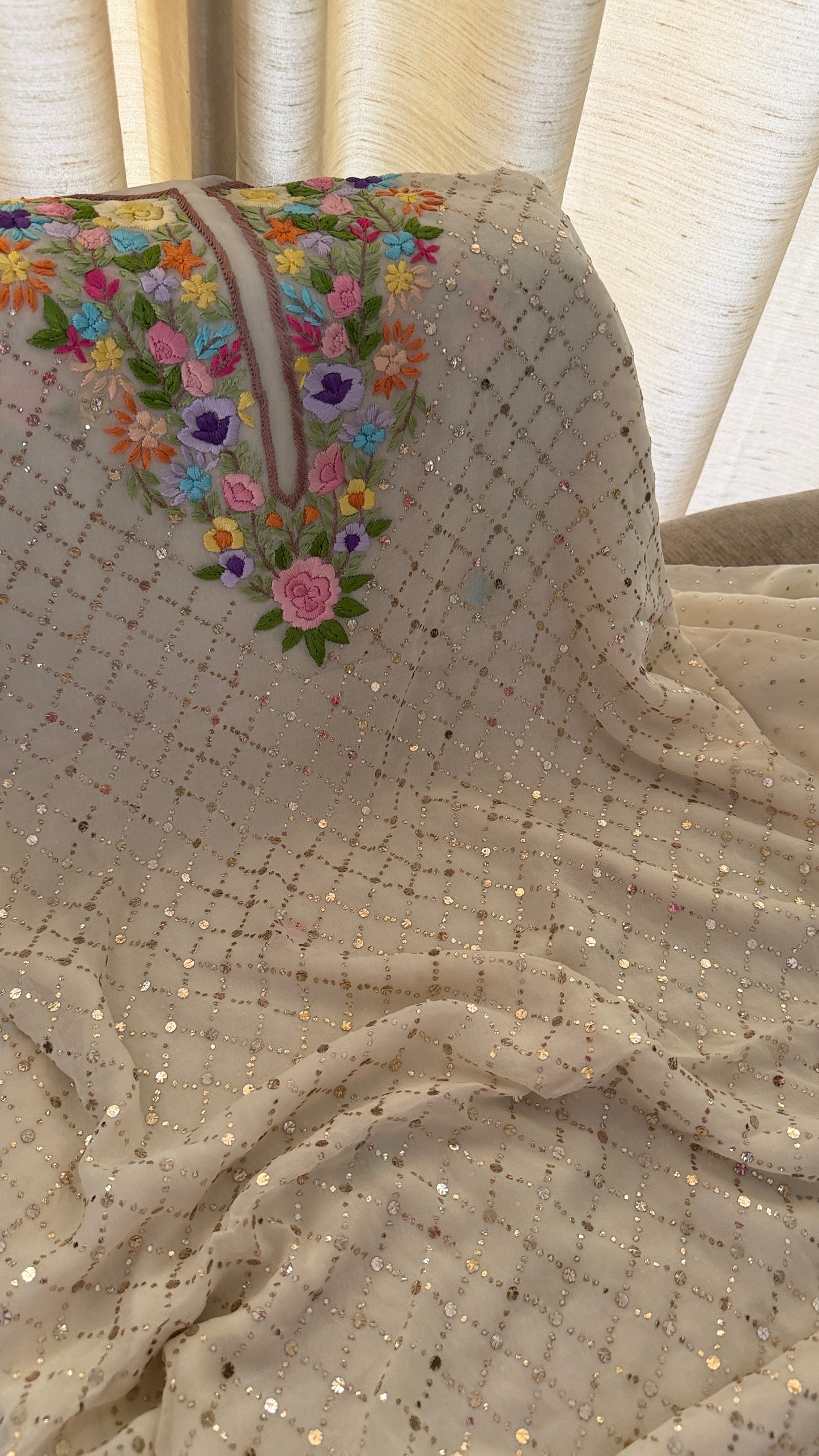 Ivory White Multicolour Neckline Kamdani Suit