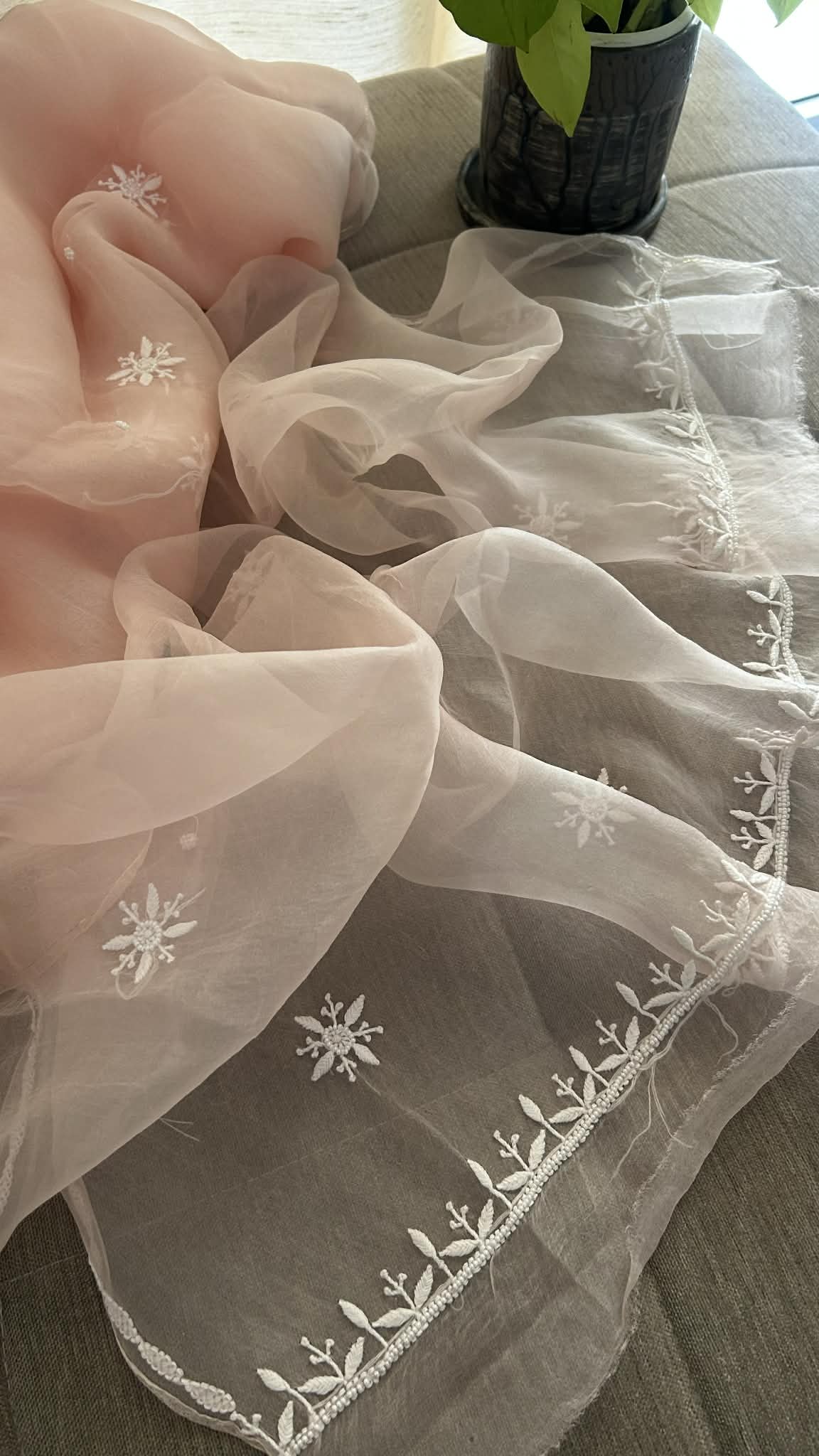 Exclusive Powder Pink Organza Chikankari Pearl Suit