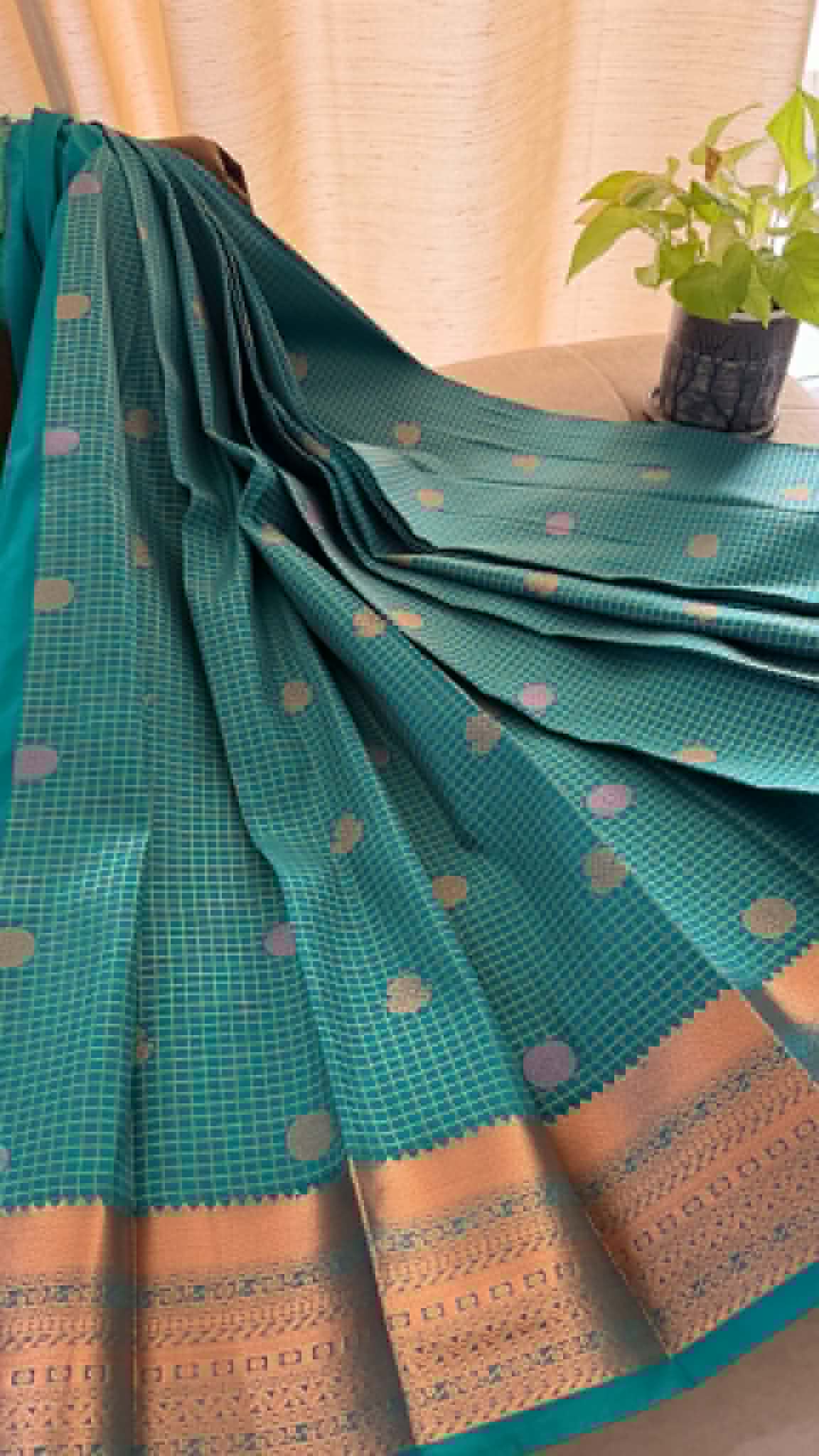 Designer Turquoise Checked Silk Saree