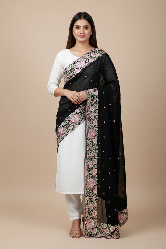 Pre Order Black Multicolour Parsi Gara Dupatta