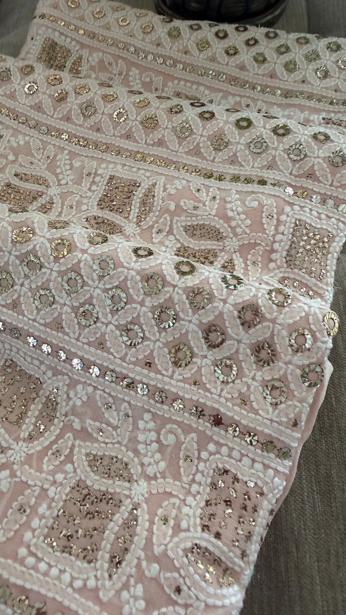 Powder Pink Ring Mukaish Chikankari Suit (Kurta & Dupatta)