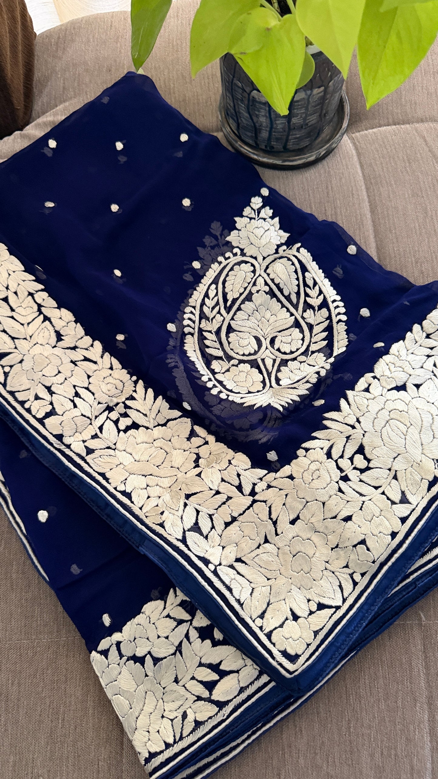 Heirloom Navy Ivory Pure Georgette Parsi Gara Dupatta
