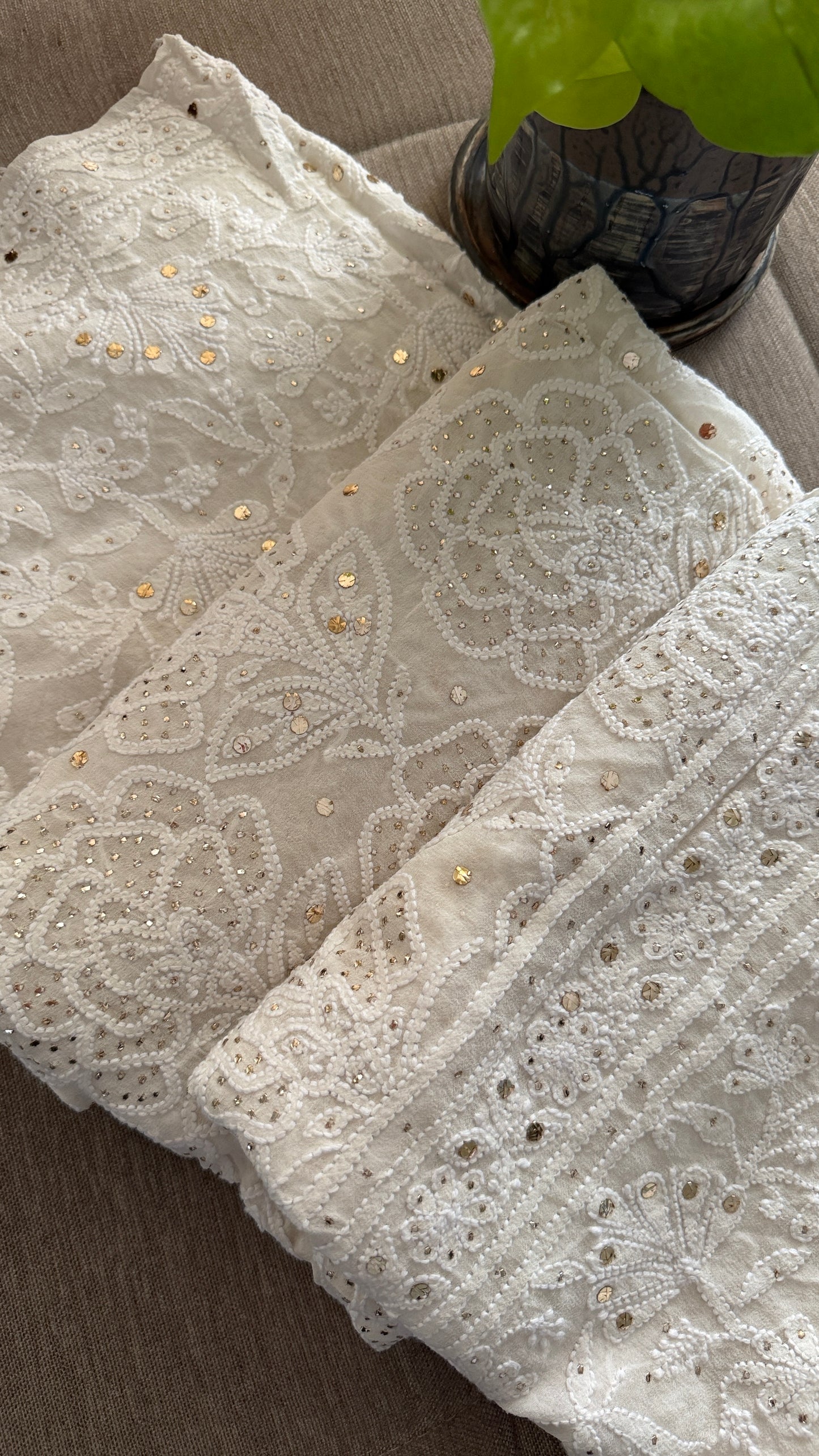 Ivory White Golden Mukaish Chikankari Dupatta