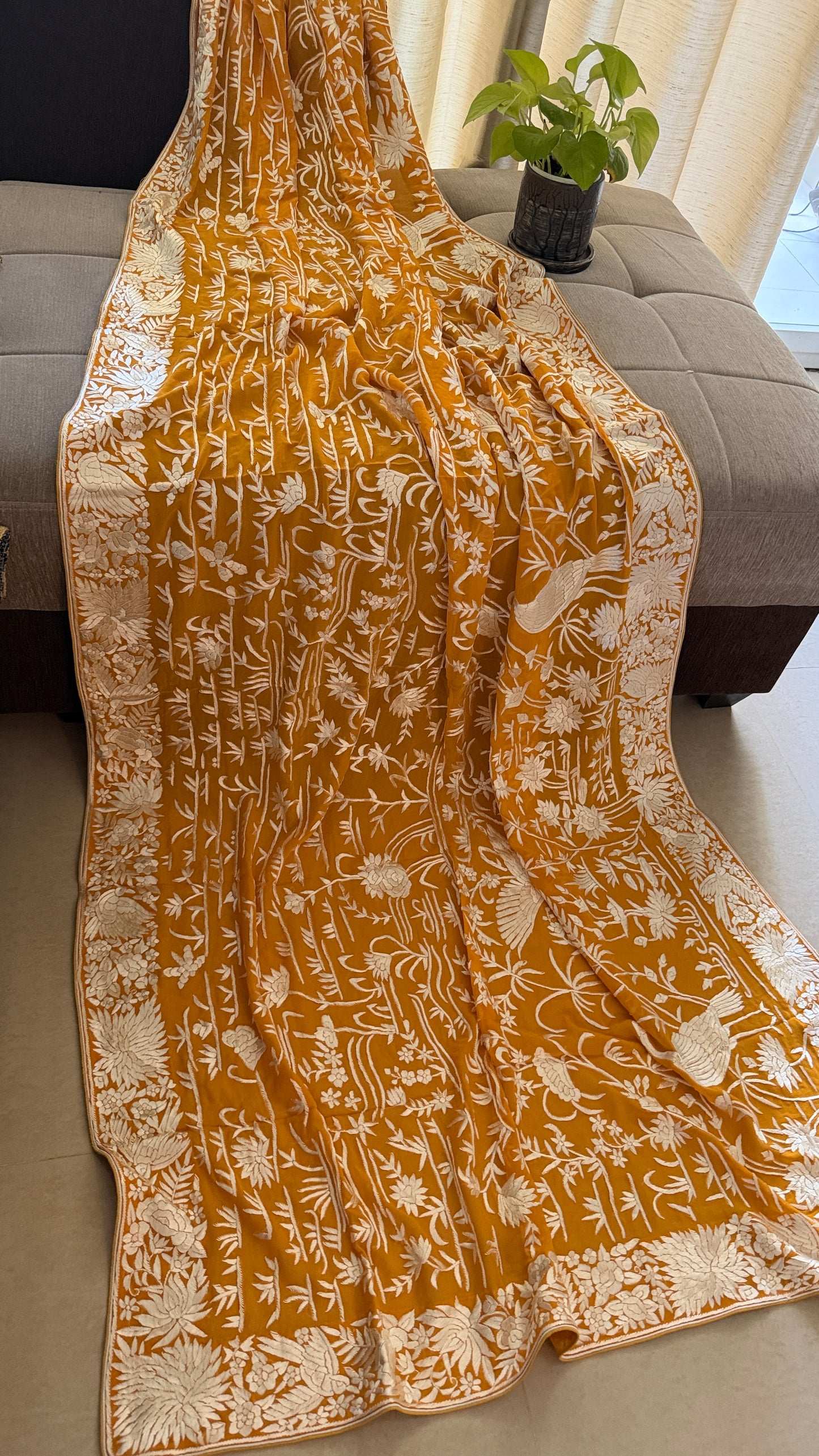 Elegant Mustard Yellow Parsi Gara Dupatta