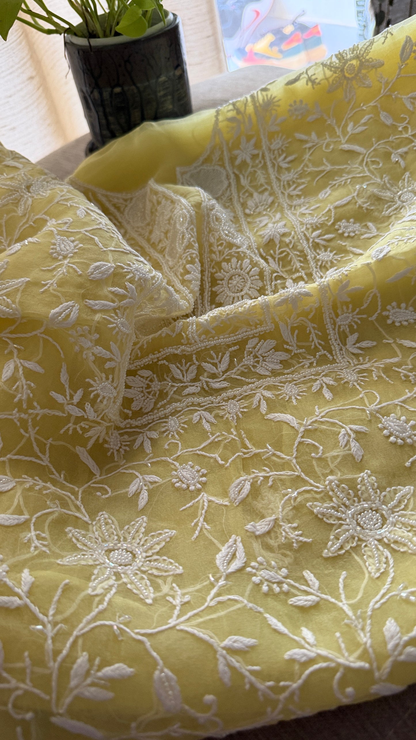 Designer Yellow Organza Cut Dana Pearl Chikankari Suit