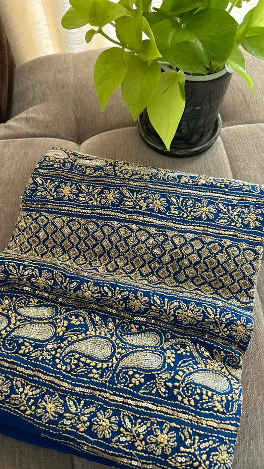 Blue Masterpiece Cut Dana Sequin Chikankari Suit (Kurta & Dupatta)