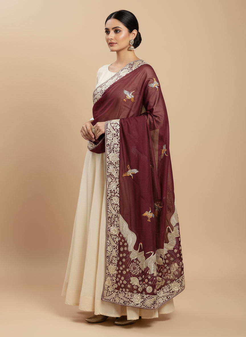 Designer Maroon Parsi Gara Dupatta