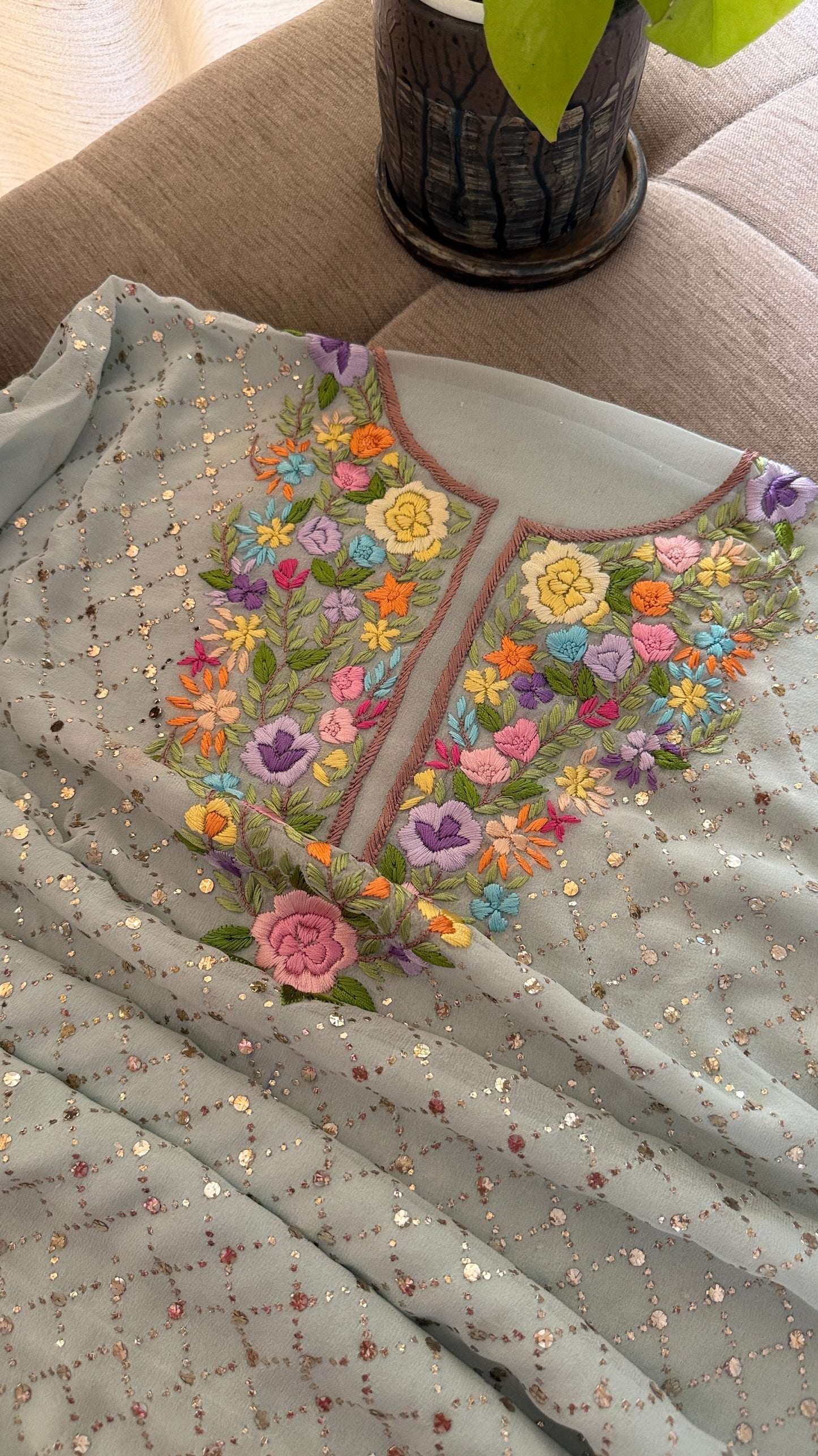 Powder Blue Multicolour Neckline Kamdani Suit
