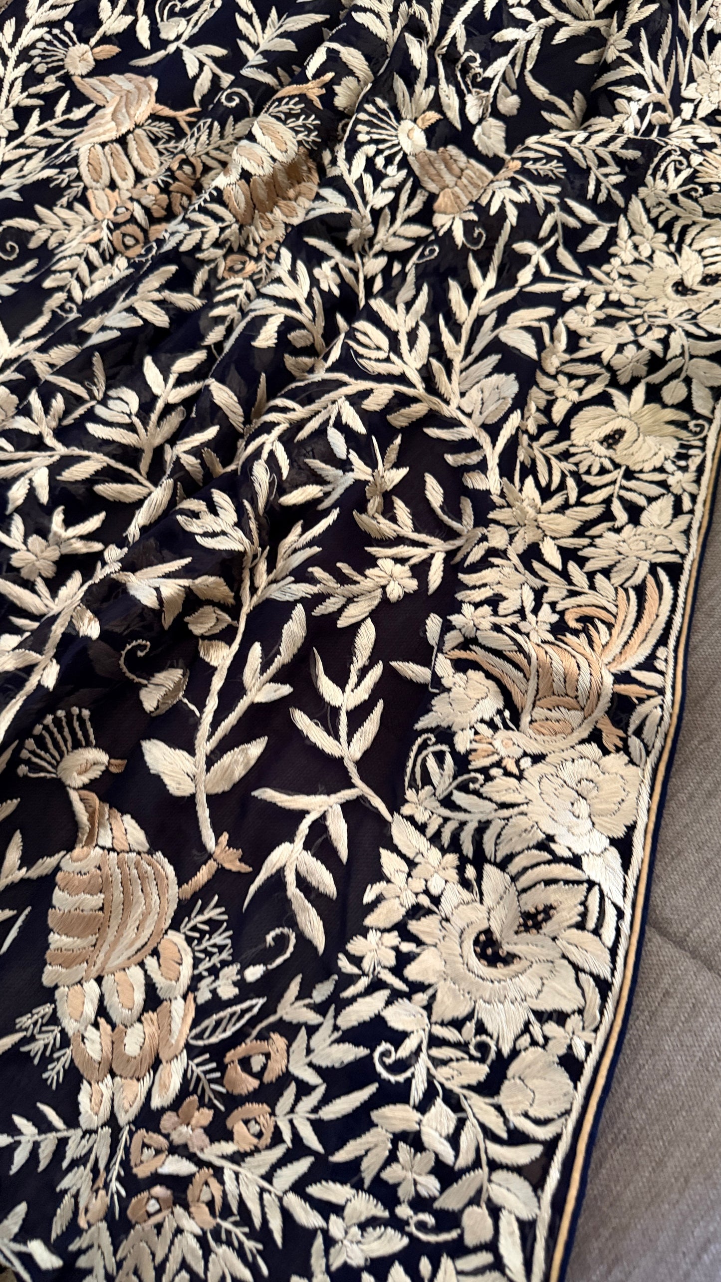 Elegant Navy Hand Embroidered Parsi Gara Dupatta