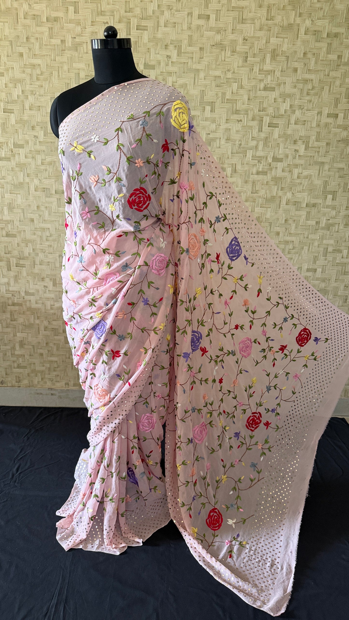 Floral Parsi Gara Embroidered Mukaish Saree