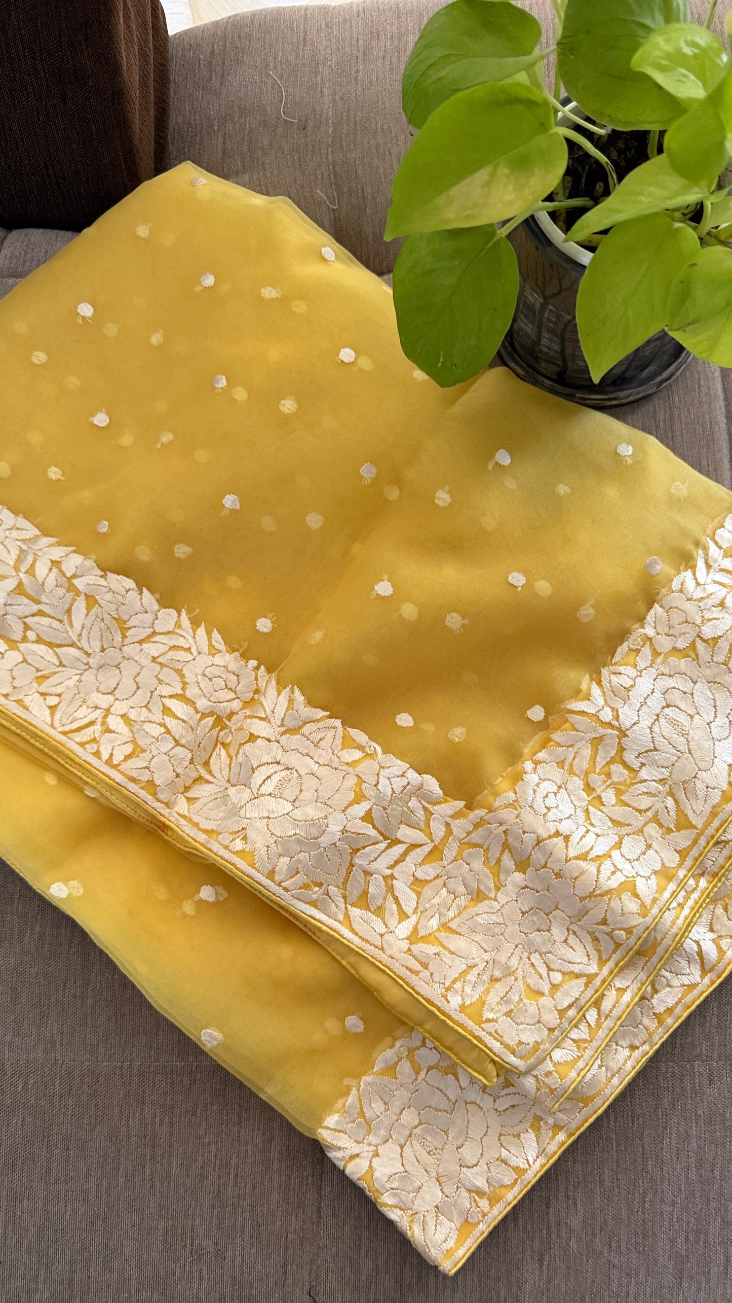 Exclusive Yellow Organza Parsi Gara Dupatta for Women