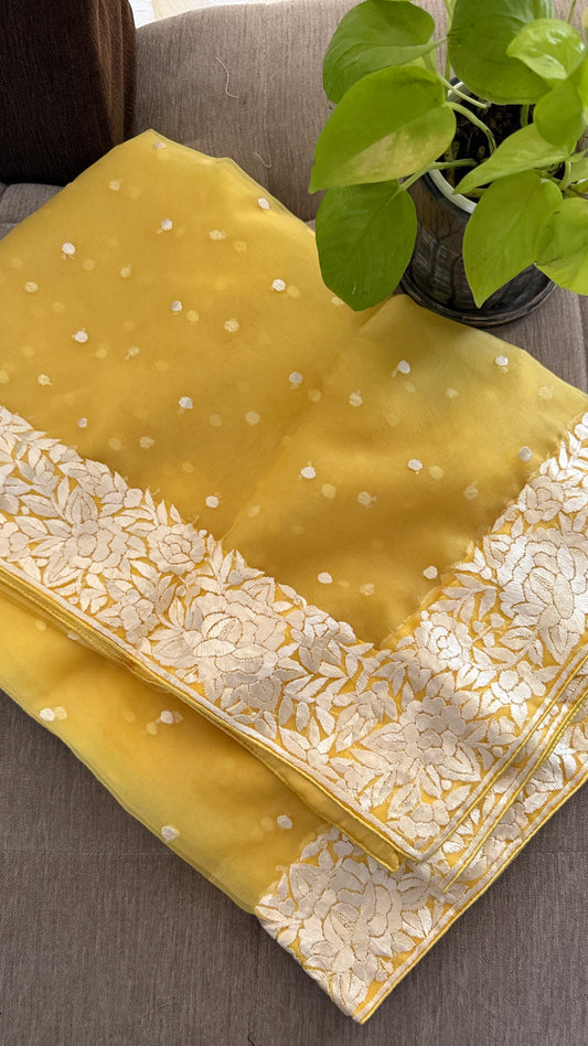 Exclusive Yellow Organza Parsi Gara Dupatta for Women