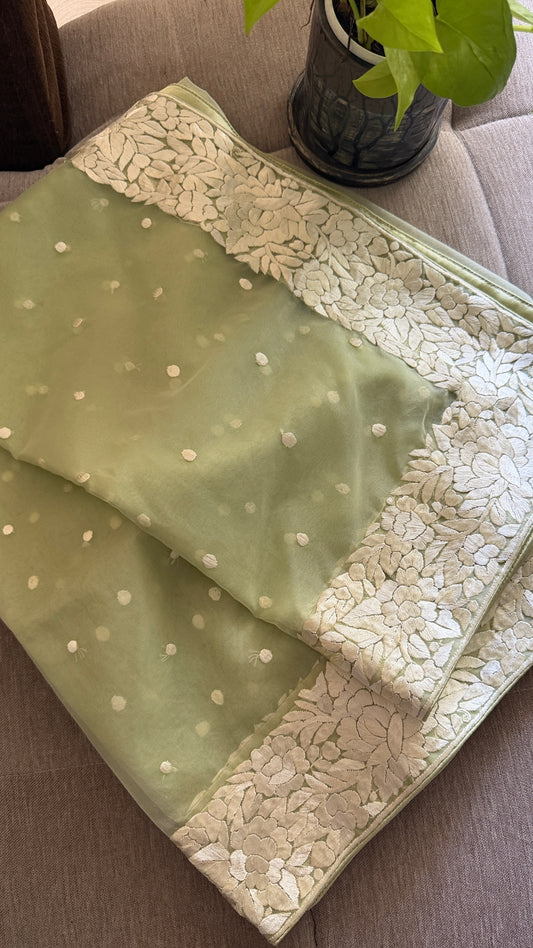 Exclusive Sage Green Organza Parsi Gara Dupatta