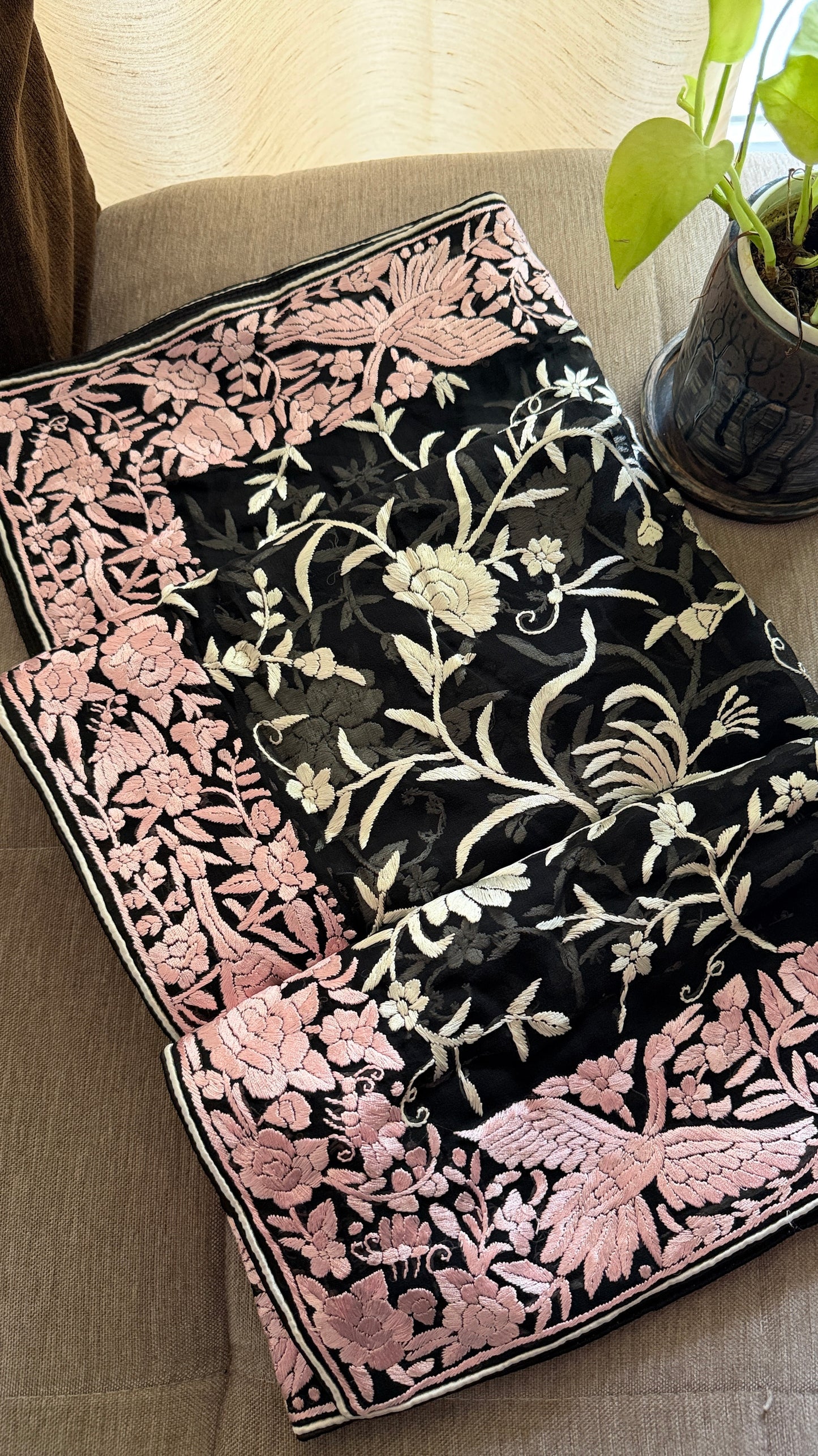 Designer Black Parsi Gara Dupatta with Pink Border