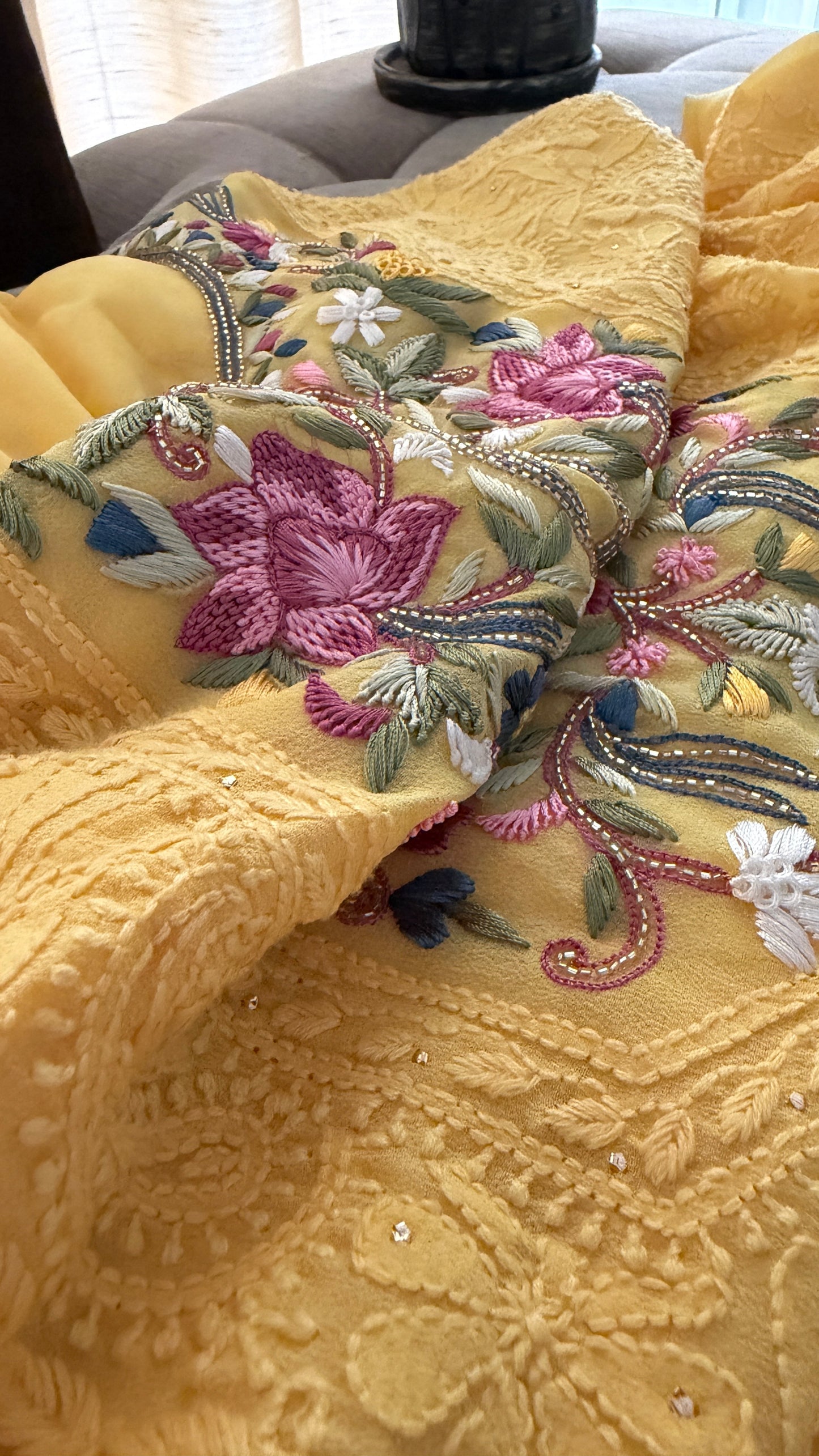 Yellow Parsi Inspired Chikankari Suit with Mukaish and Multicolour Neckline