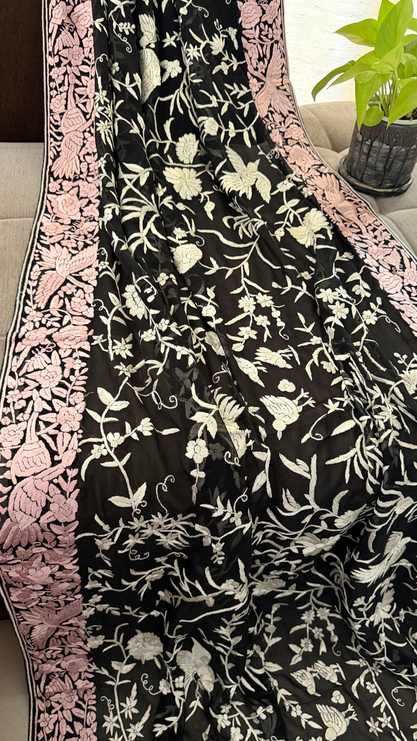 Designer Black Parsi Gara Dupatta with Pink Border