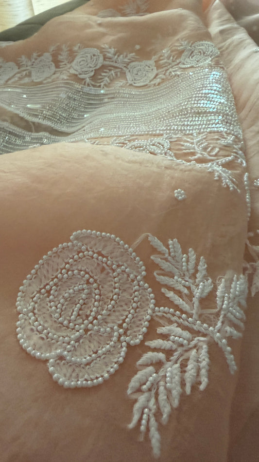 Pearl Embellished Pastel Pink Organza Chikankari Suit