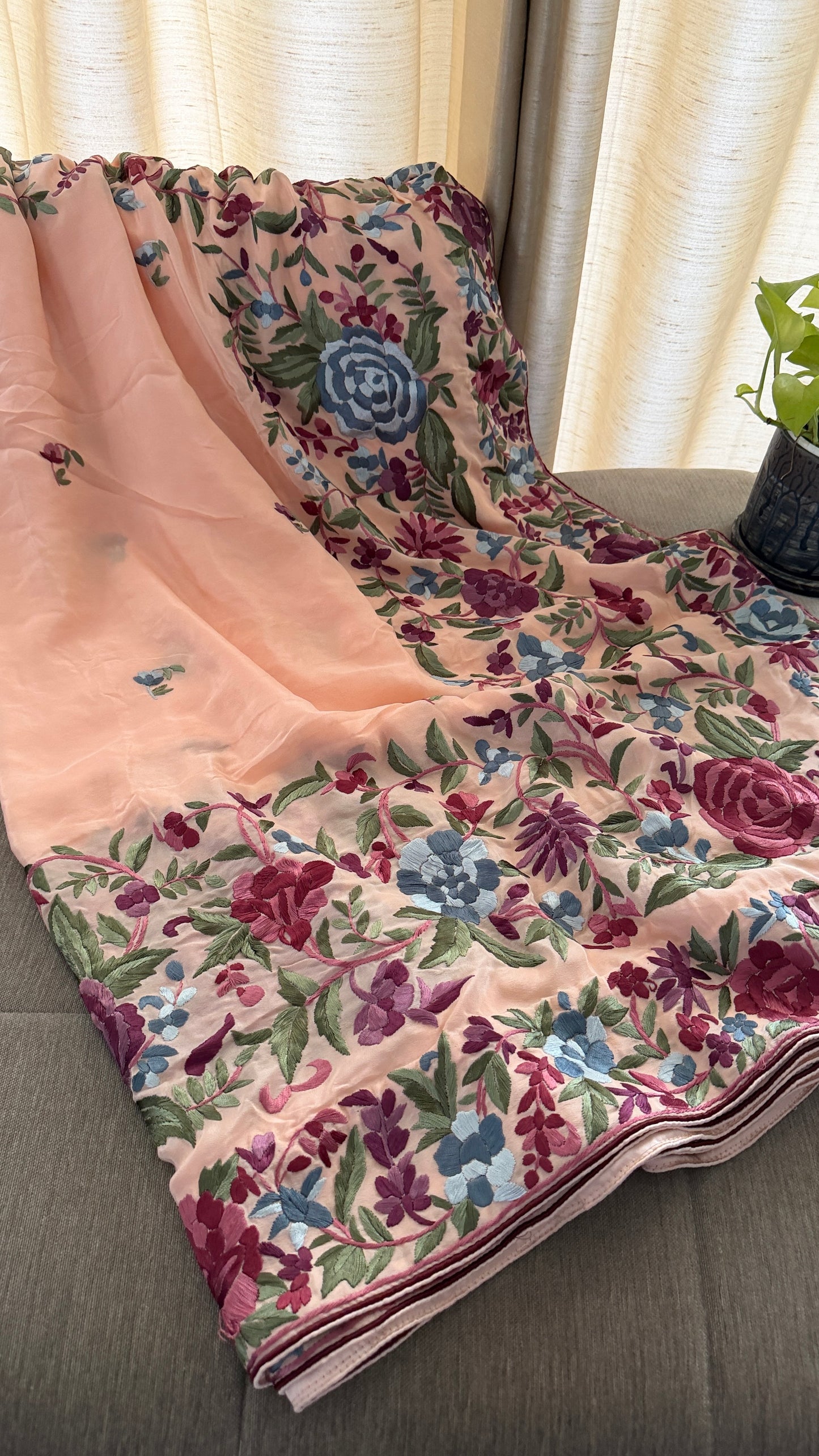 Heirloom Peach Parsi Gara Saree- Crepe silk