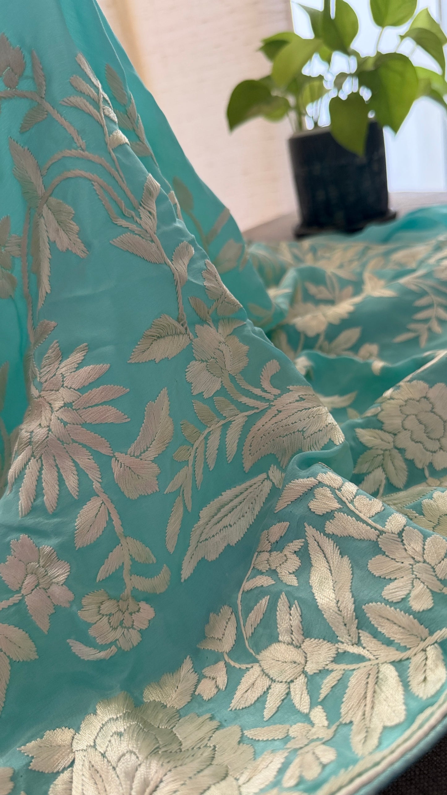 Aqua Green Crepe Silk Parsi Gara Saree