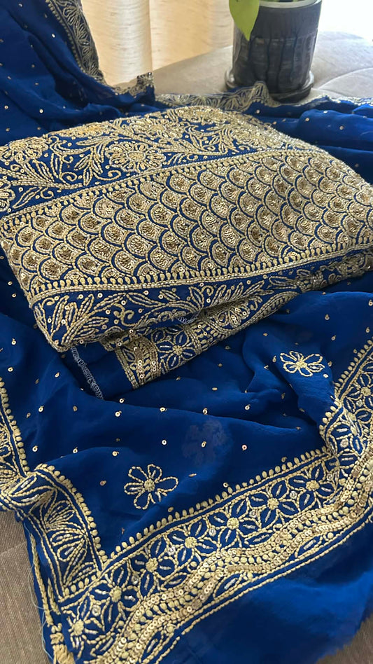 Masterpiece Royal Blue  Cut Dana & Sequins Work Chikankari Anarkali Suit