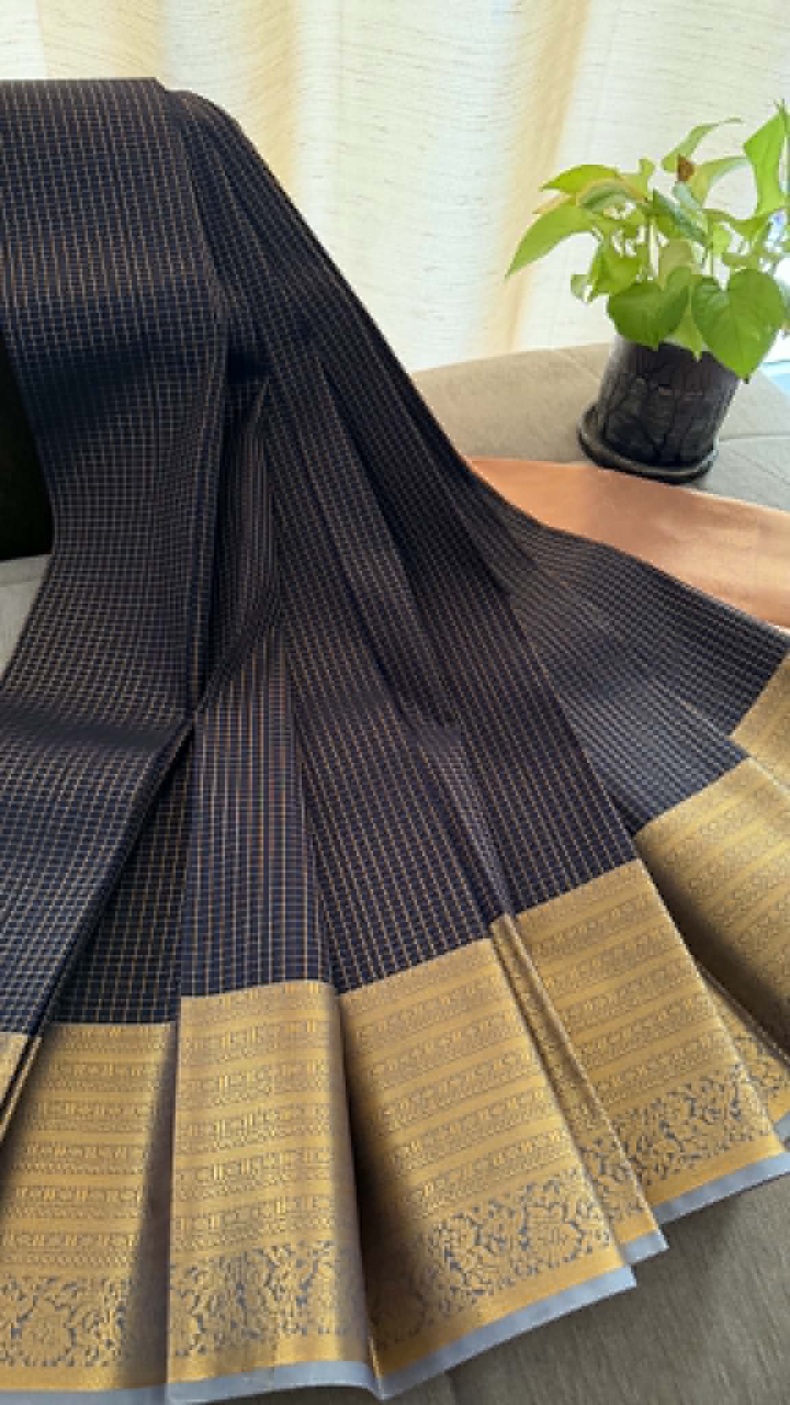 Designer Navy & Pink Checked Silk Saree