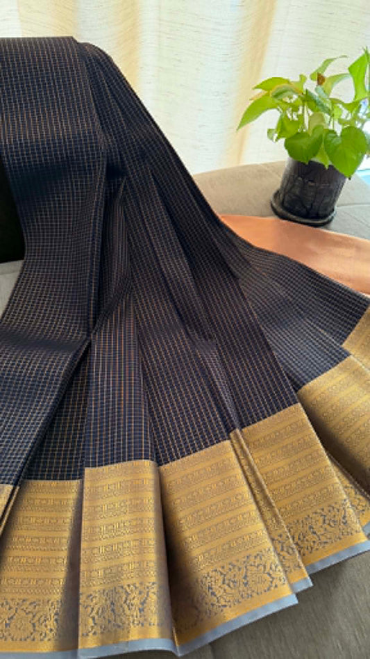 Designer Navy & Pink Checked Silk Saree