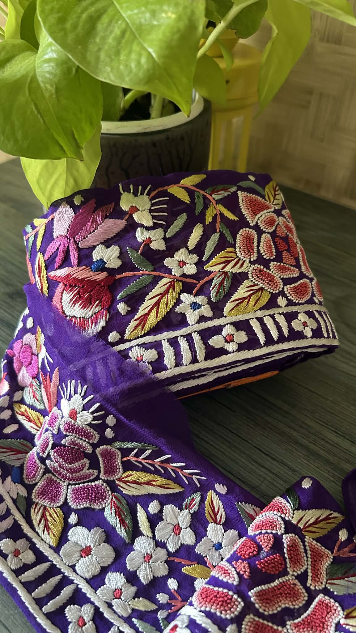 Hand Embroidered Parsi Gara Lace – Royal Purple Floral Border (9 Meter)