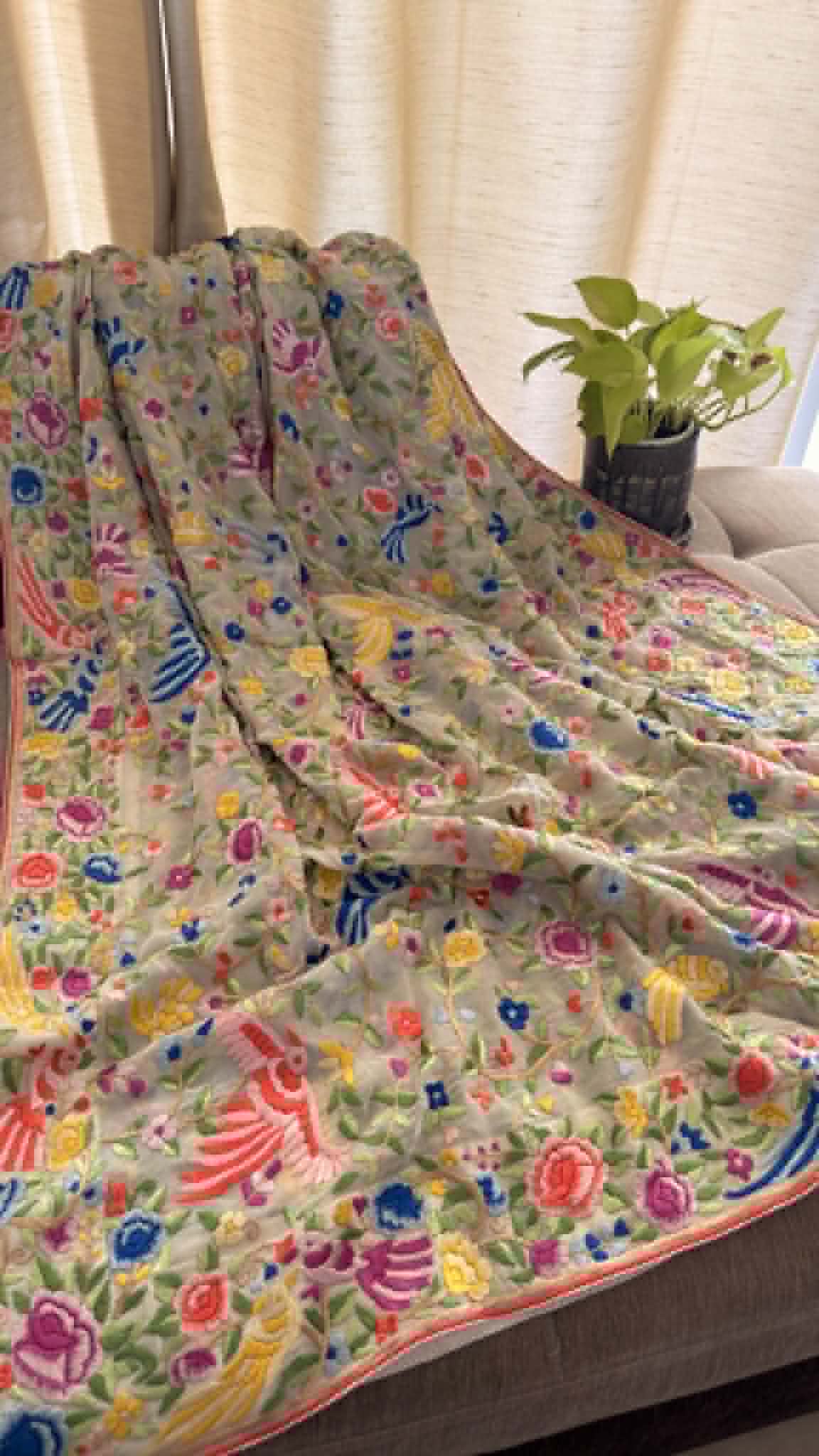 Elegant Ivory Multicolour Parsi Gara Dupatta