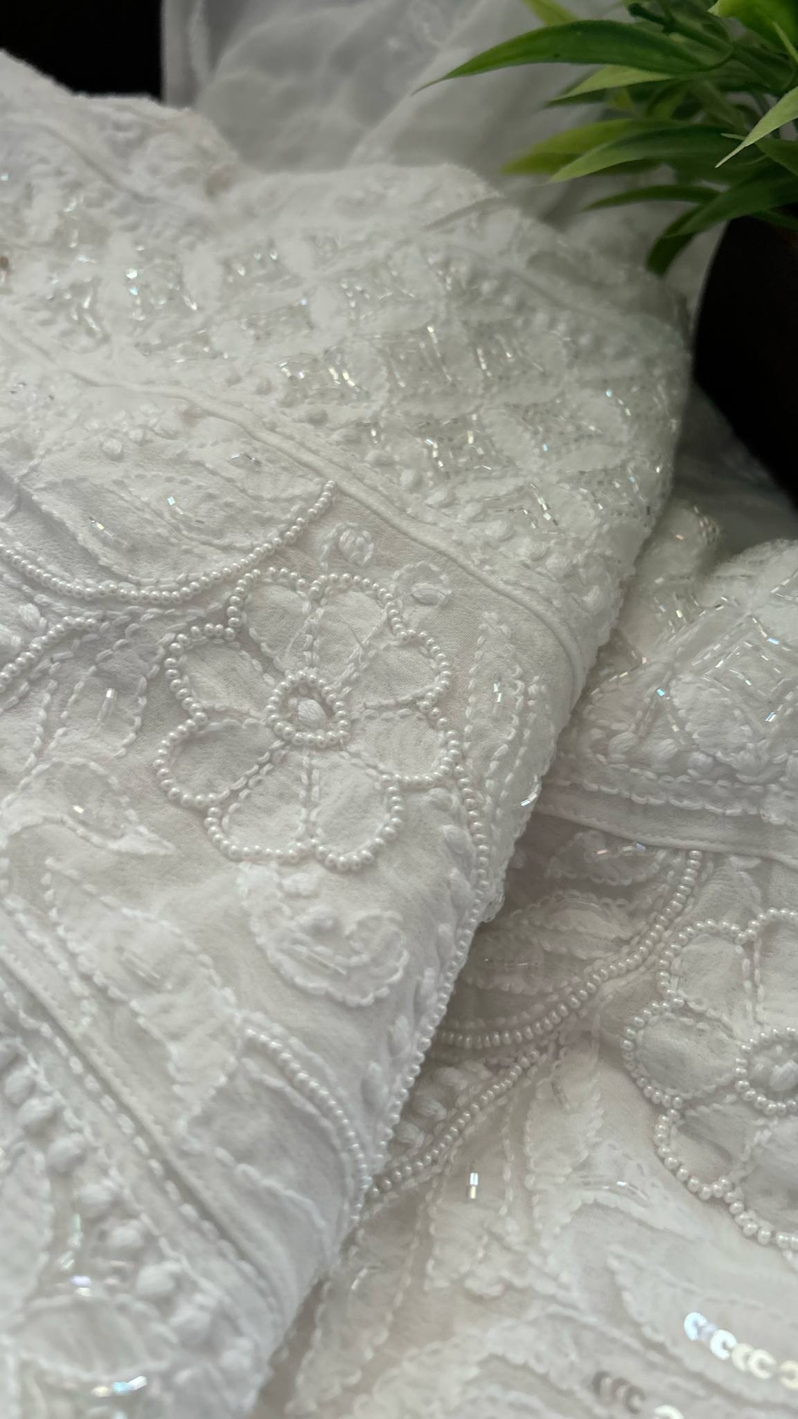White Cut Dana Pearl Sequin Chikankari Anarkali Suit