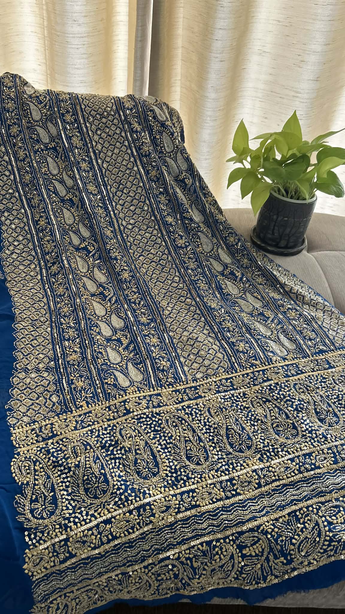 Blue Masterpiece Cut Dana Sequin Chikankari Suit (Kurta & Dupatta)