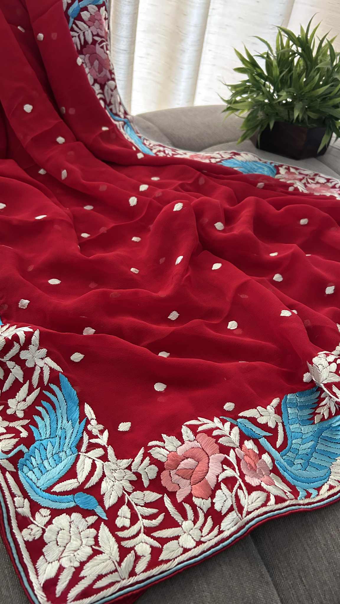 Pre Order Designer Red Parsi Gara Hand Embroidered Dupatta