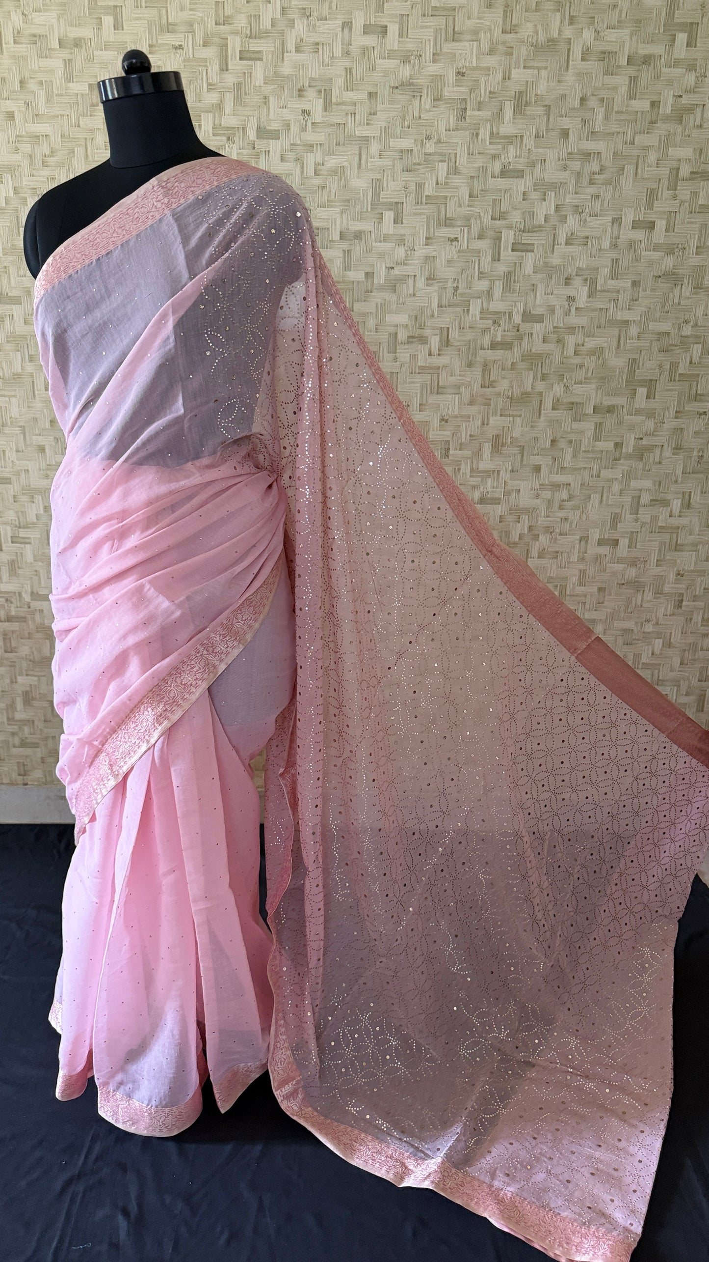 Baby Pink Cotton Chanderi Mukaish Saree for Women