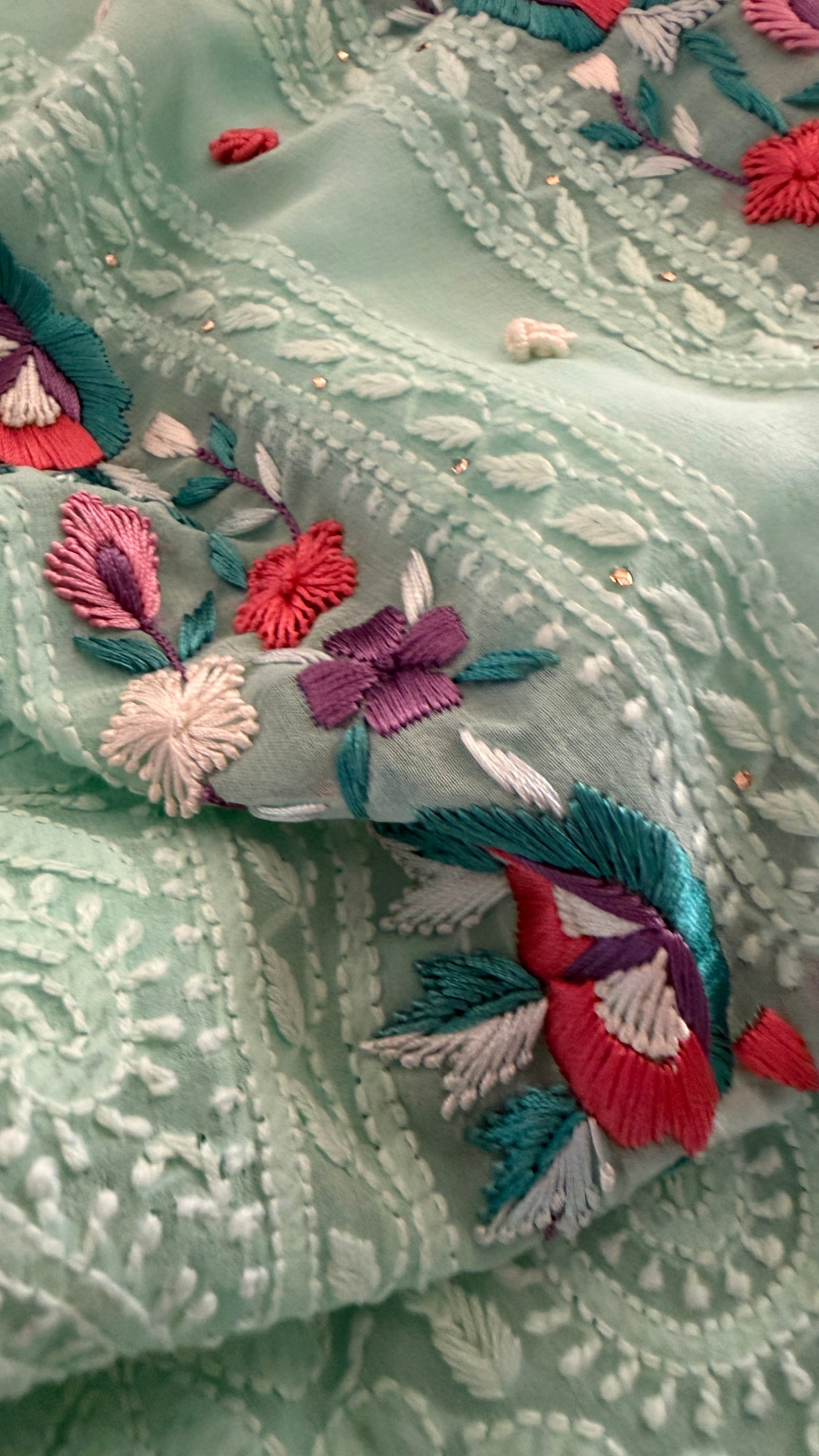 Sea Green Parsi Gara Chikankari Suit
