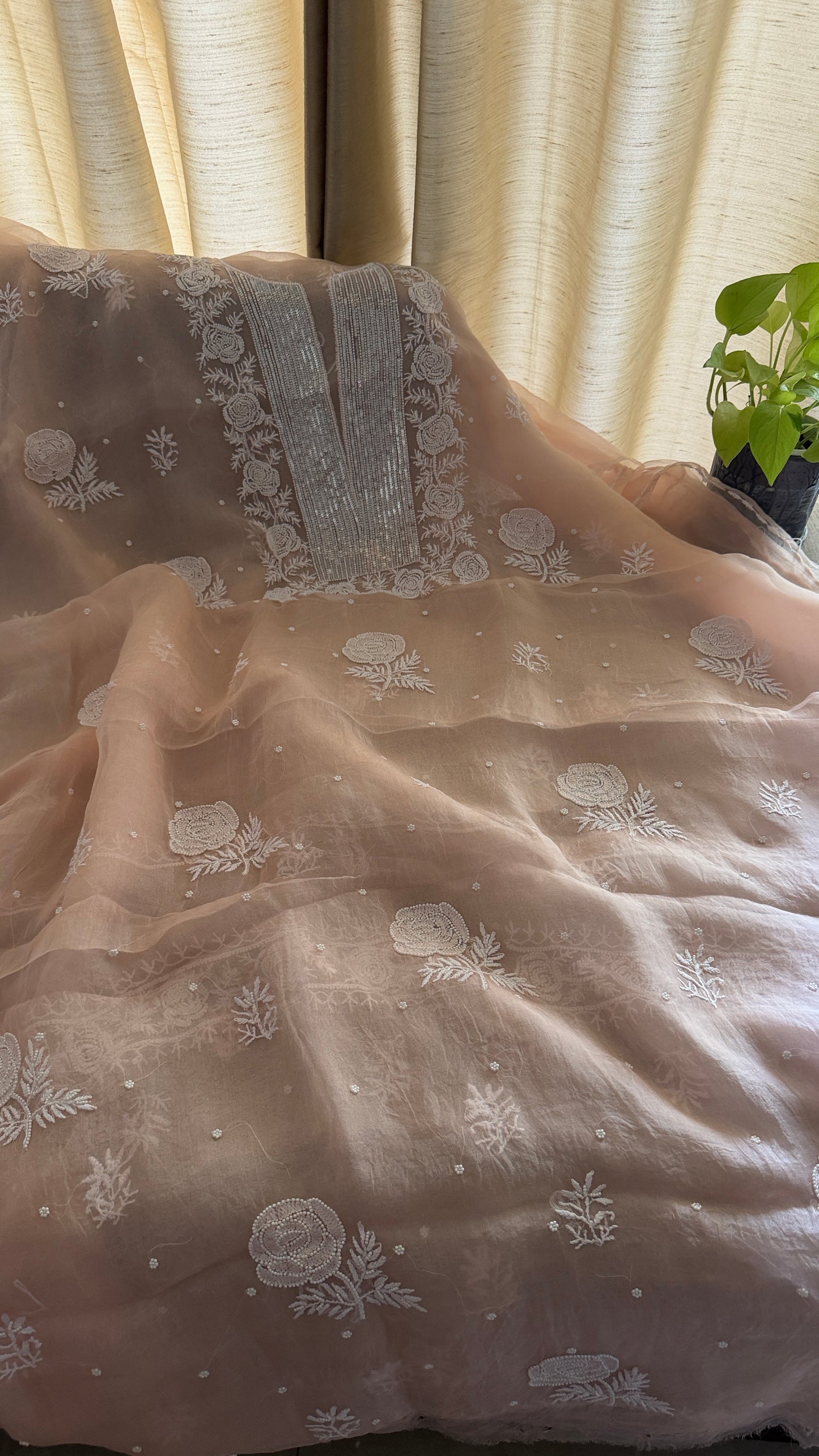 Pearl Embellished Pastel Pink Organza Chikankari Suit