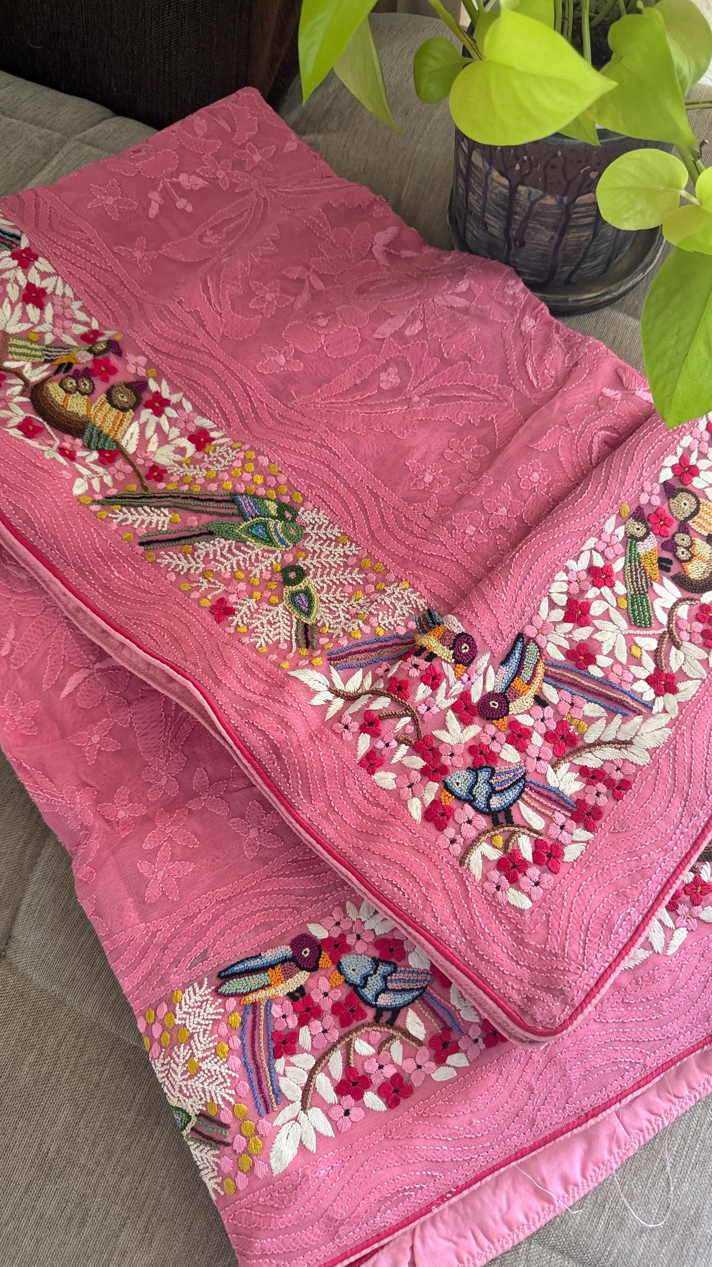 Designer Pink Hand Embroidered Parsi Gara Dupatta
