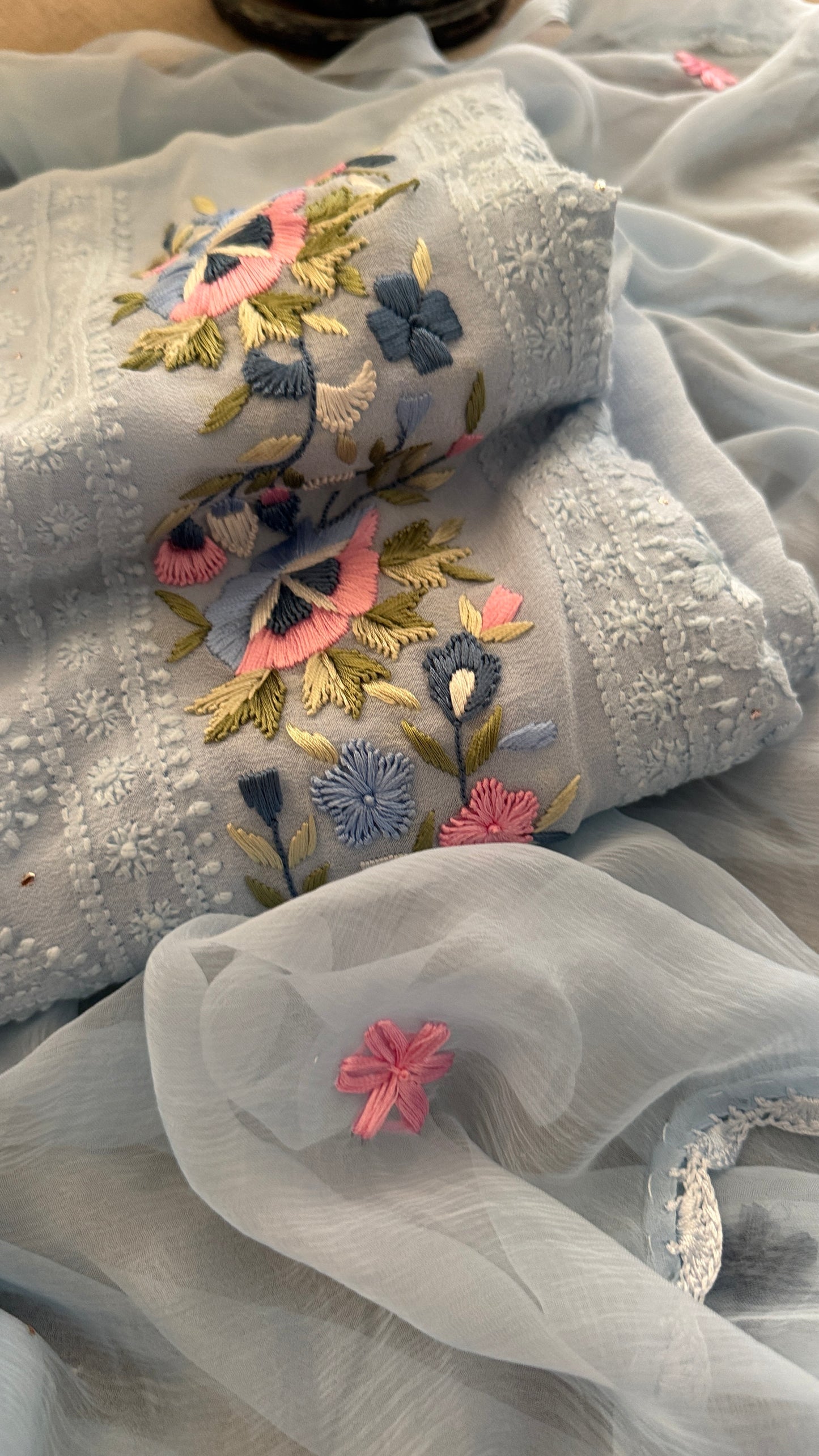 Powder Blue Chikankari Parsi Gara Daman Suit