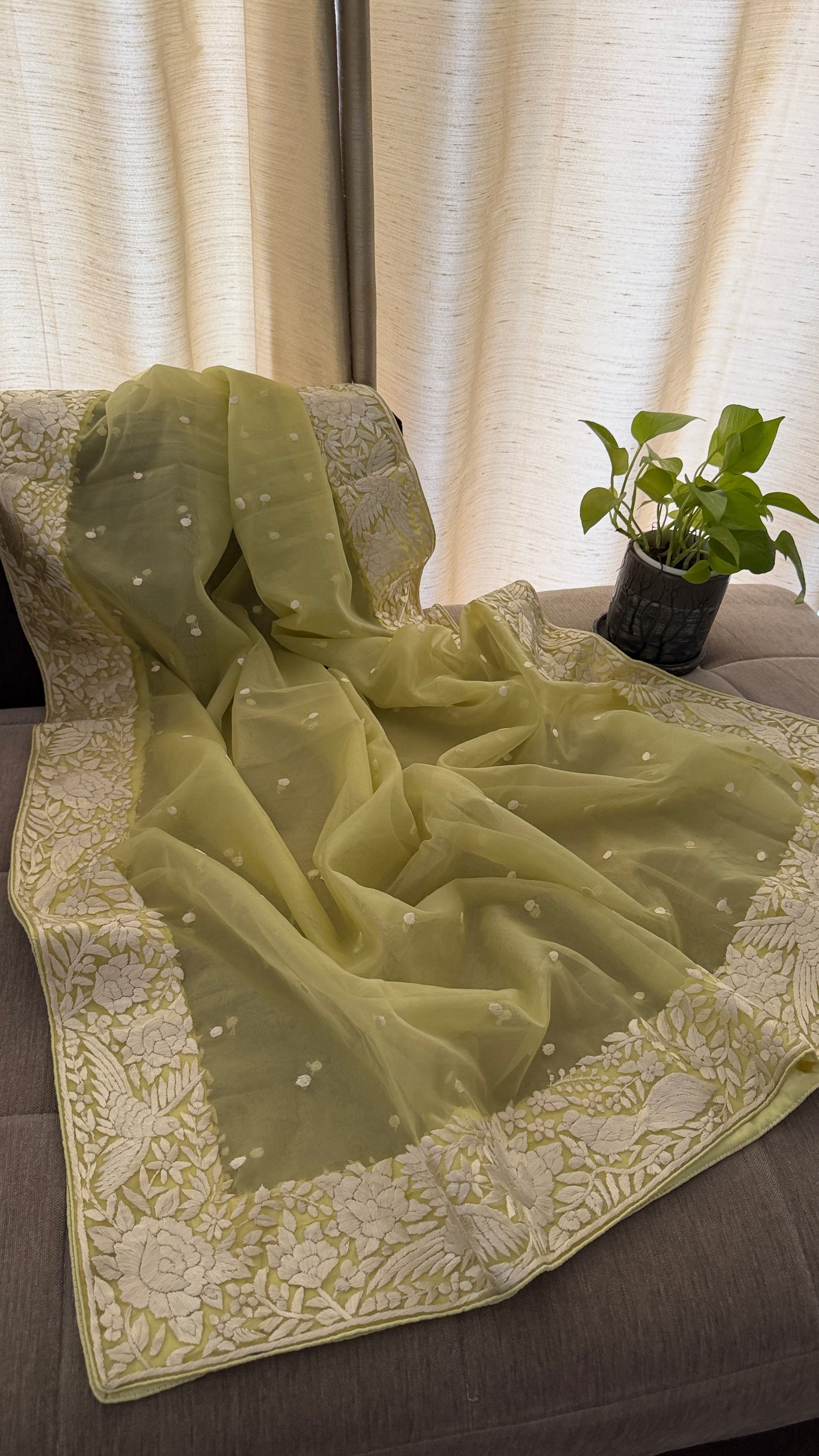 Lime Green Organza Parsi Gara Dupatta