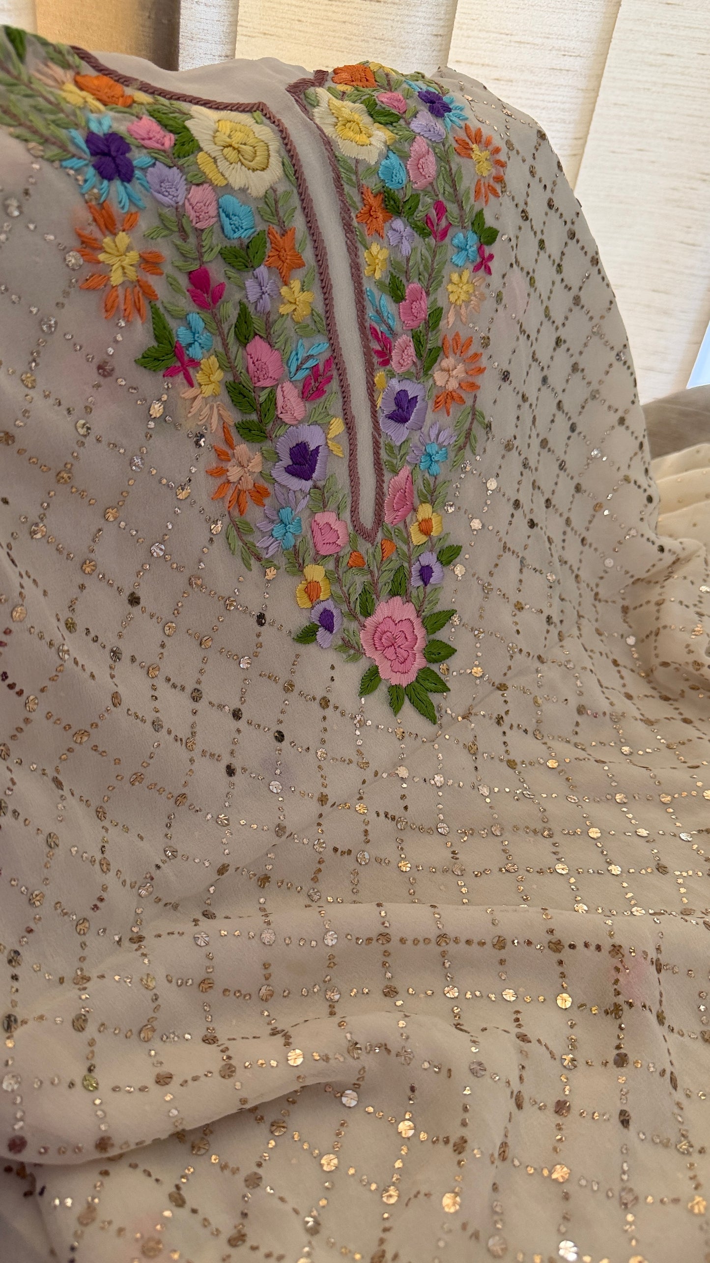 Beige Multicolour Neckline Kamdani Suit