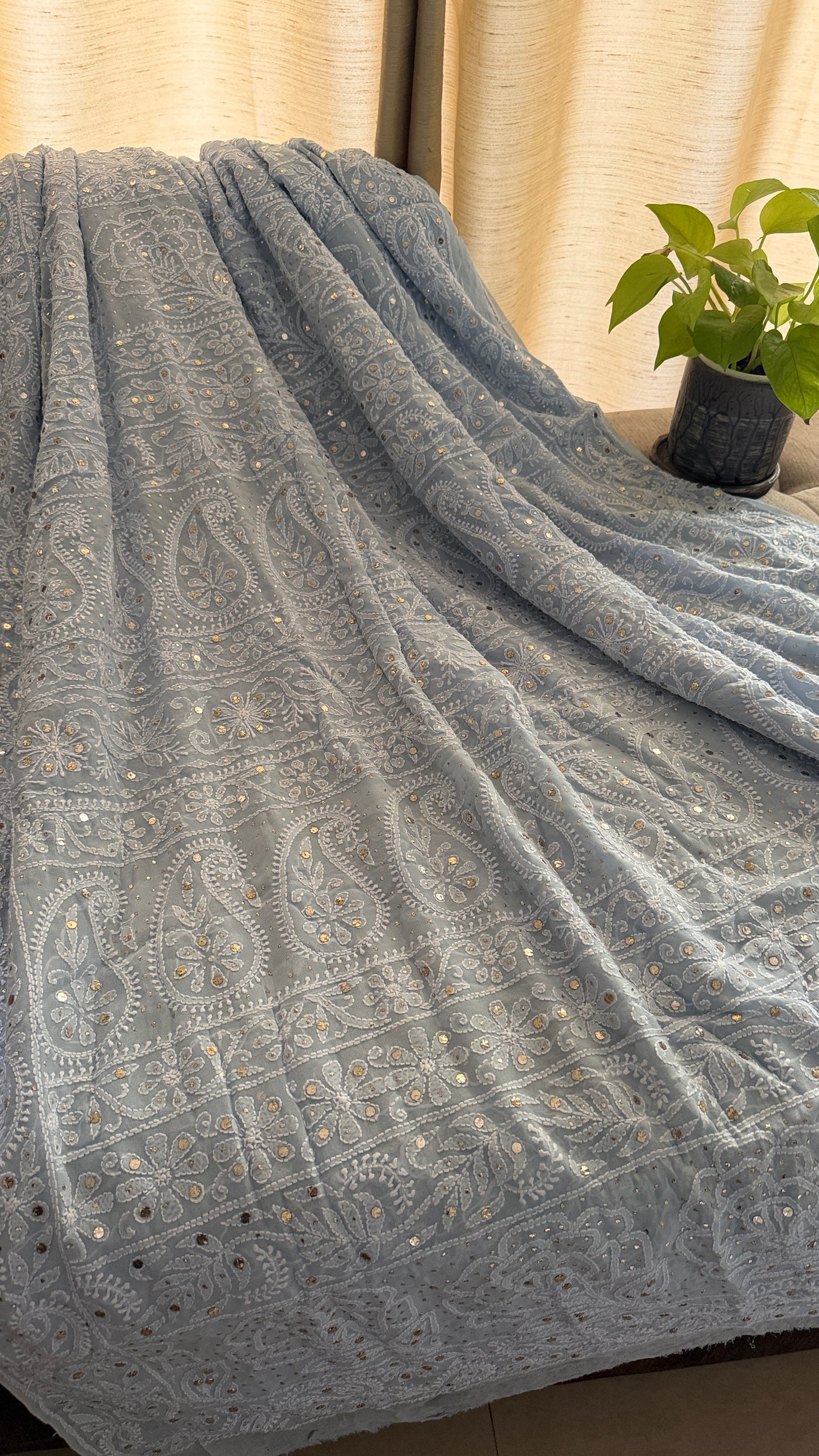 Powder Blue Mukaish Chikankari Saree