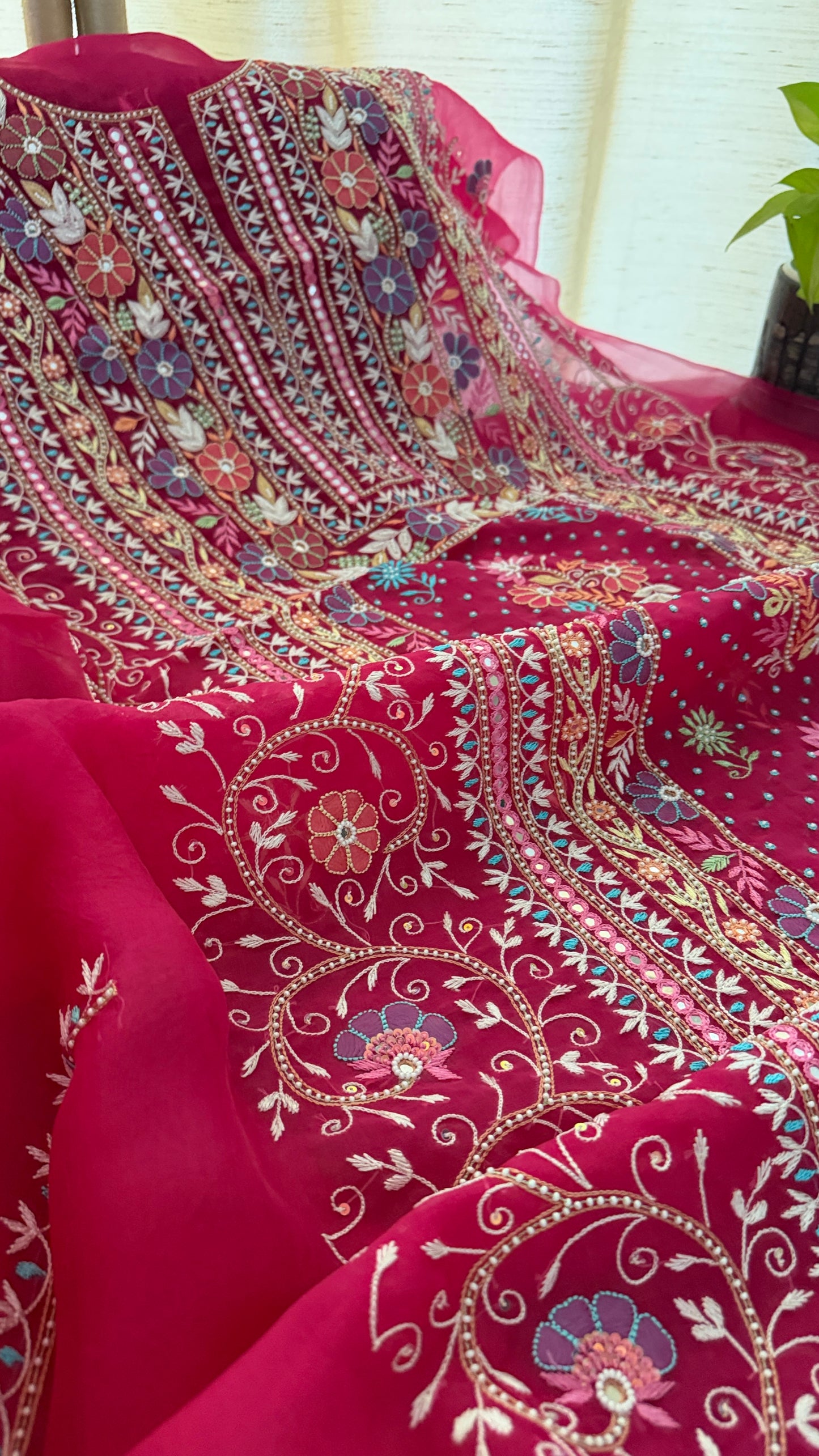 Luxury Pearl Handcrafted Organza Chikankari Suit- Magenta
