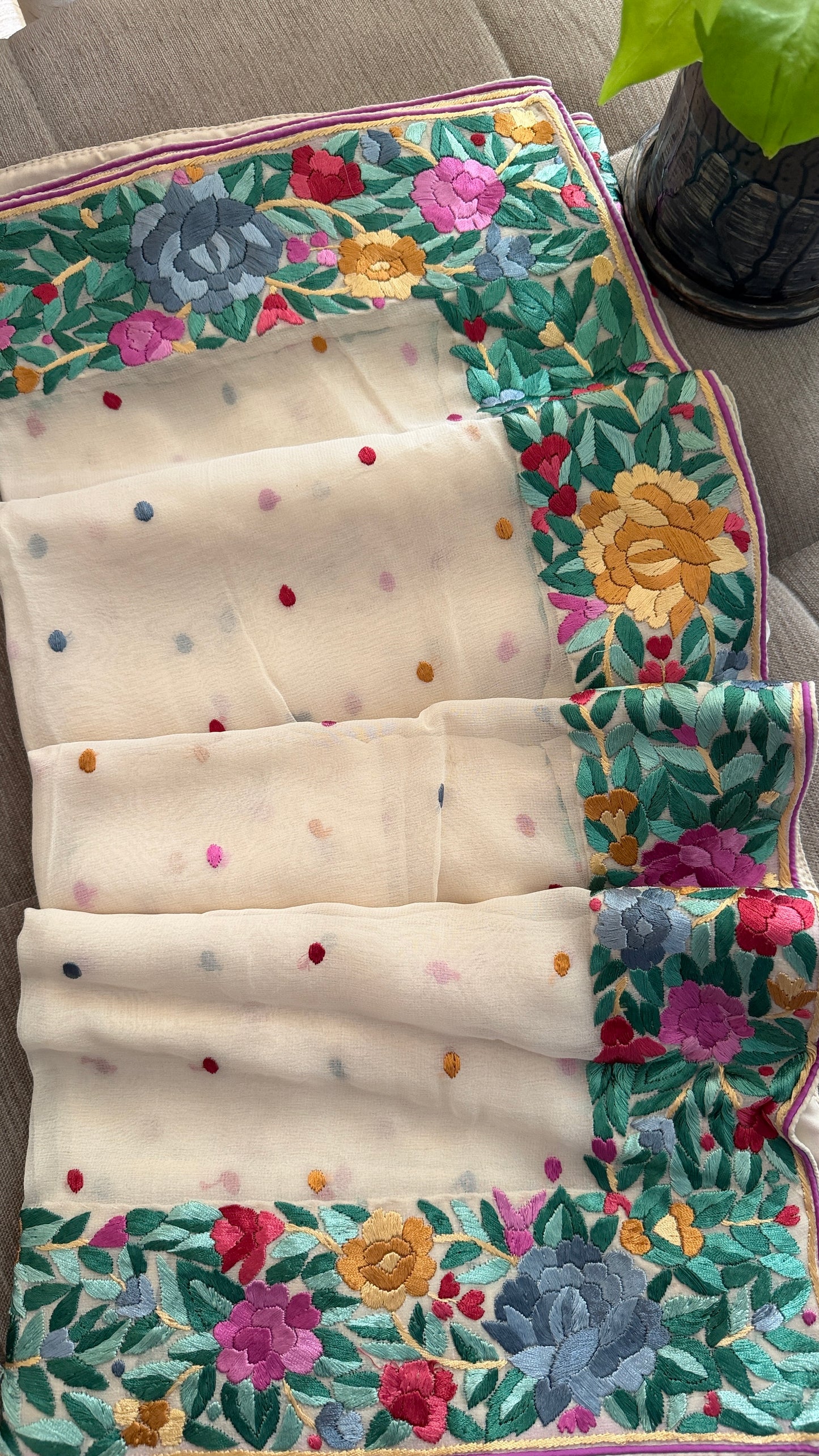 Artisanal Cream Multicolour Parsi Gara Dupatta
