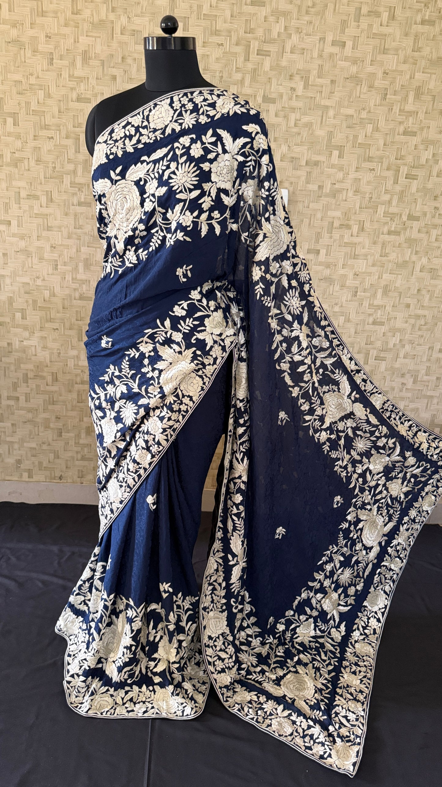 Designer Parsi Gara Saree - Self Design Pure Crepe