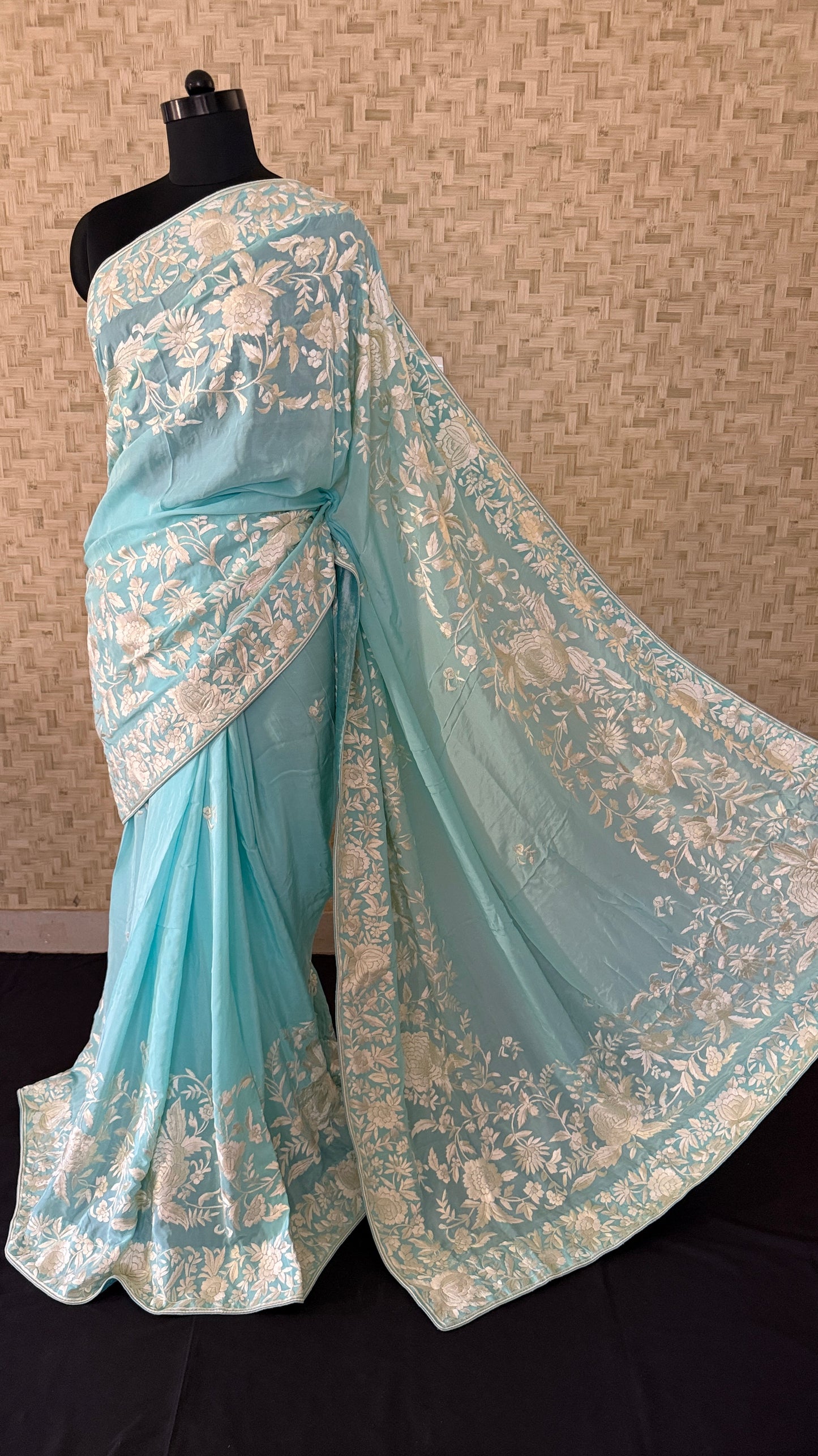 Aqua Green Crepe Silk Parsi Gara Saree