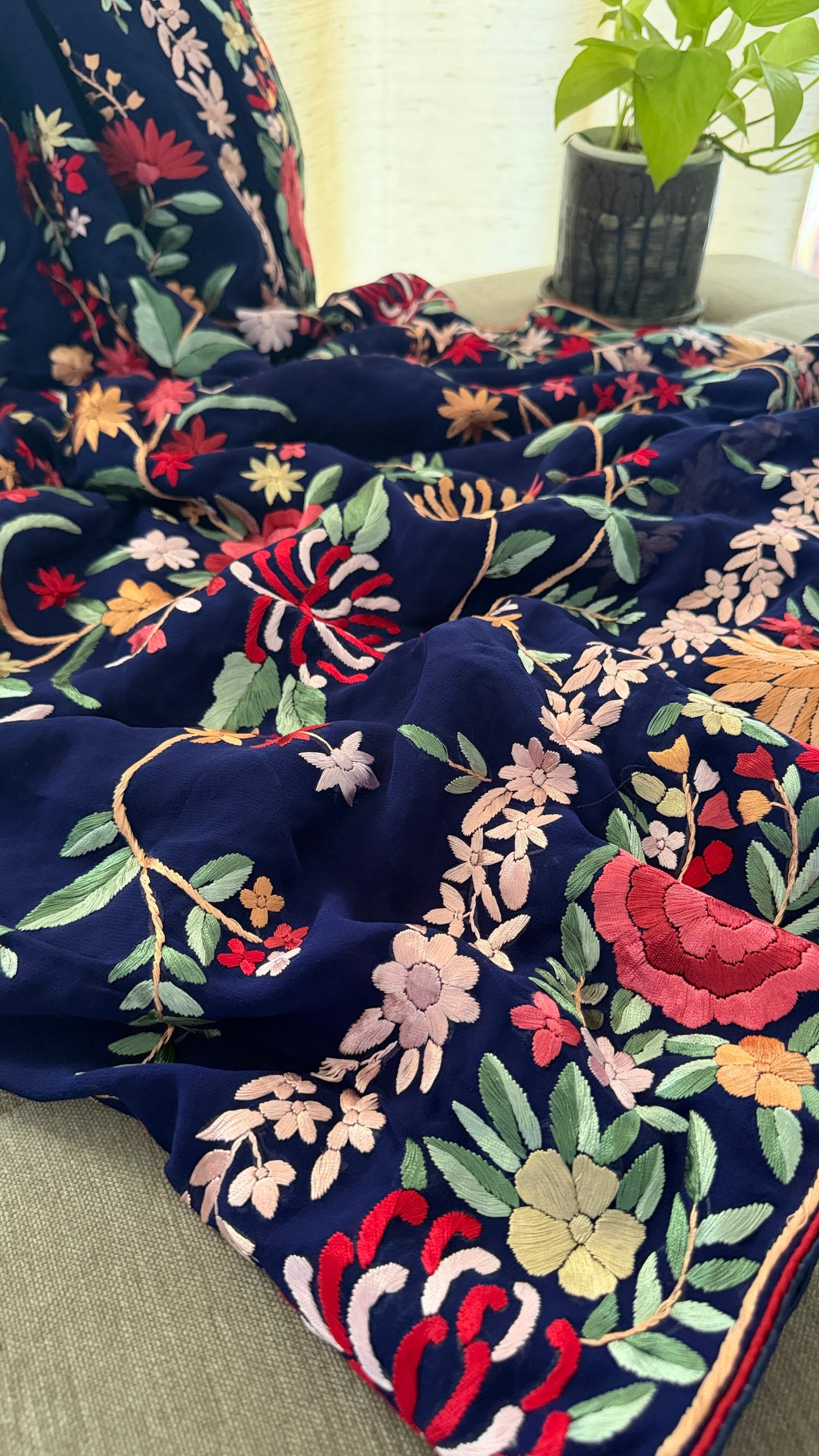 Navy Multicolour Floral Parsi Gara Saree